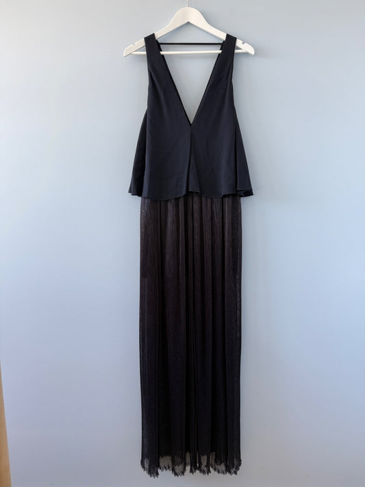 Scanlan Theodore Black Black Deep V-Neck Pleated Maxi Dress Size 10