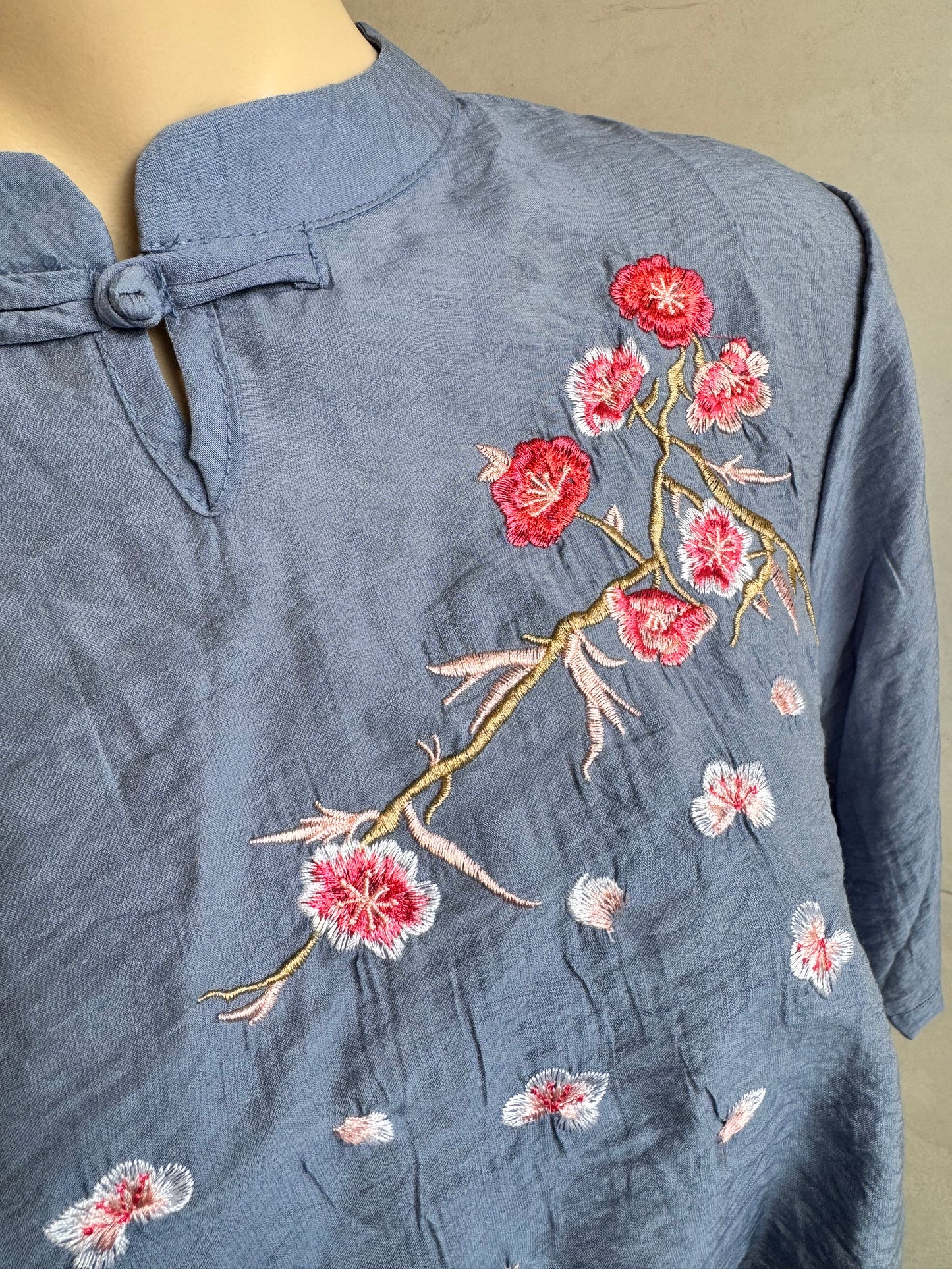 Upcycled Blue Cherry blossom blouse -size S