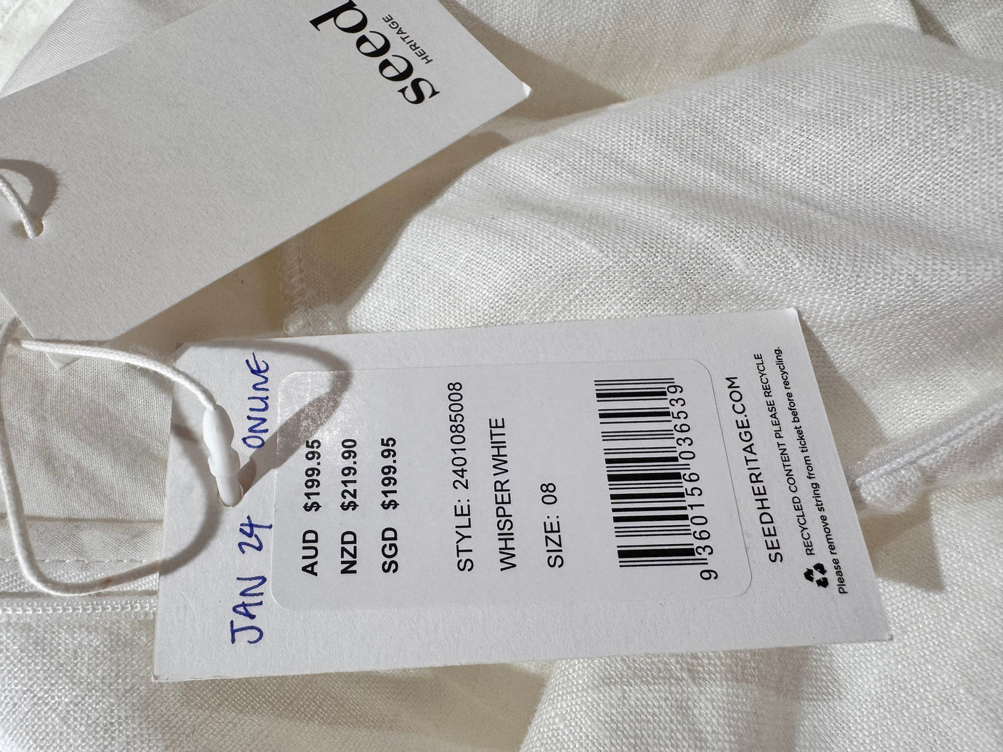 Seed Whisper White Linen dress NWT - size 8