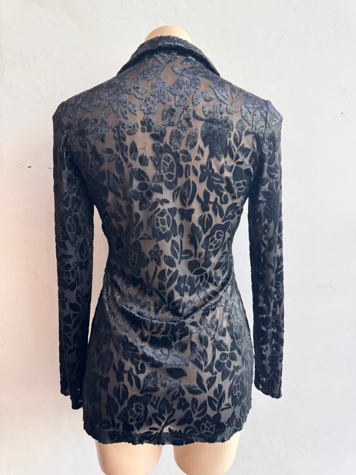 Vintage Black Velvet embossed mesh shirt - size M