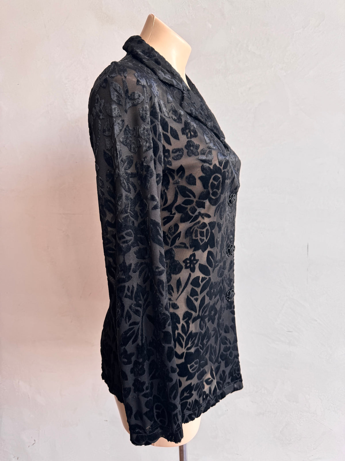 Vintage Black Velvet embossed mesh shirt - size M