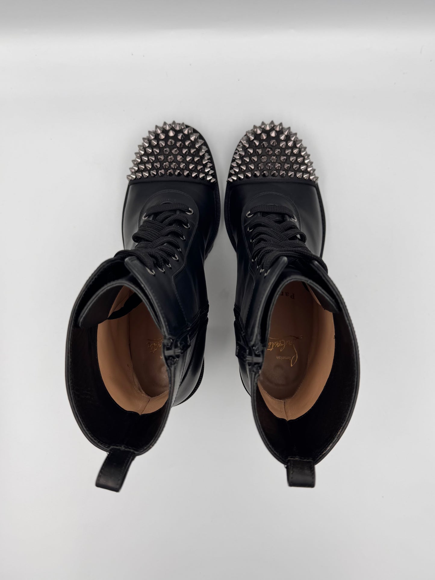 CHRISTIAN LOUBOUTIN Black LaceUp Boots Spikes Size 38.5