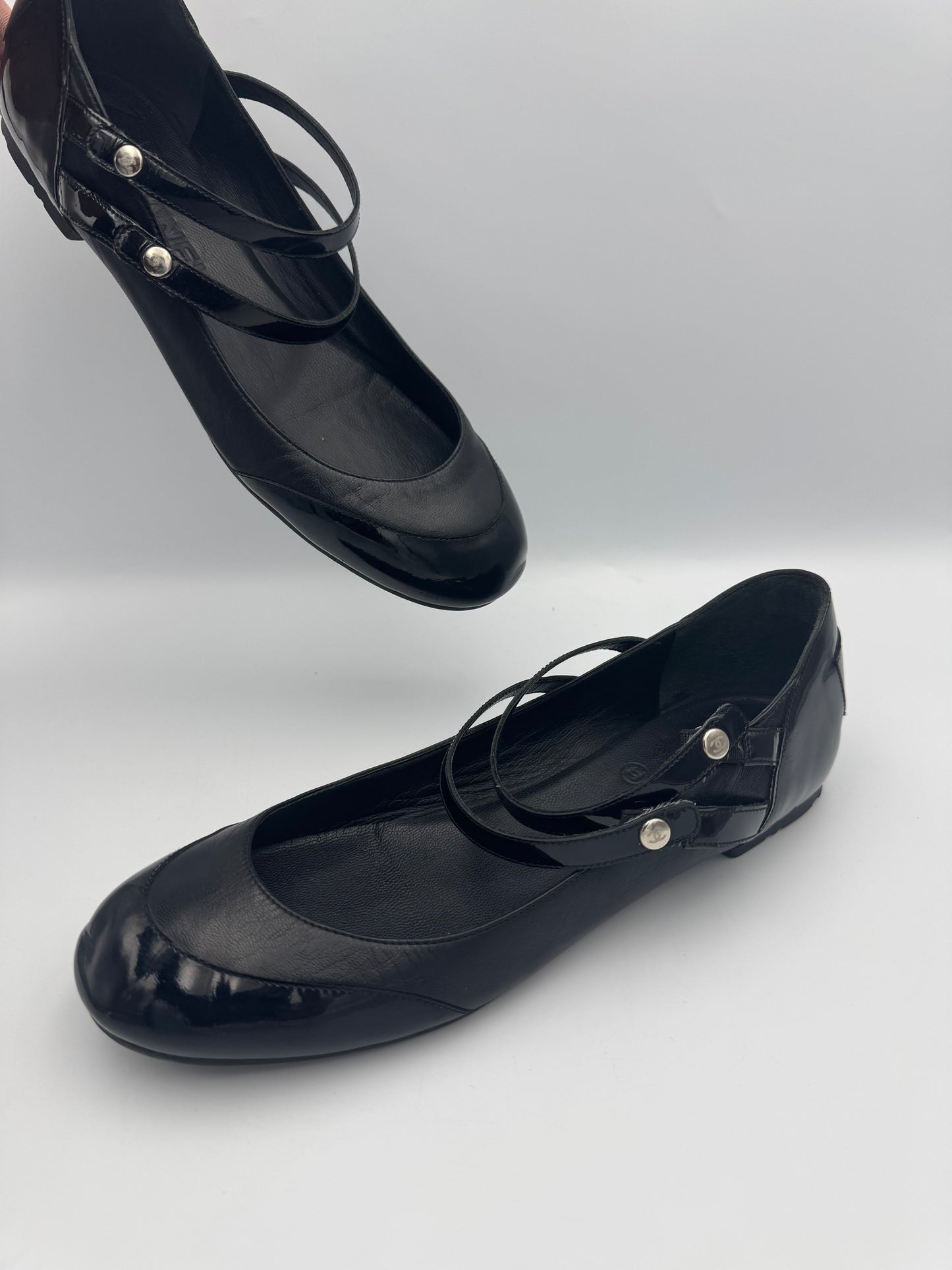 Chanel Mary Jane Black Leather Flats Size 38