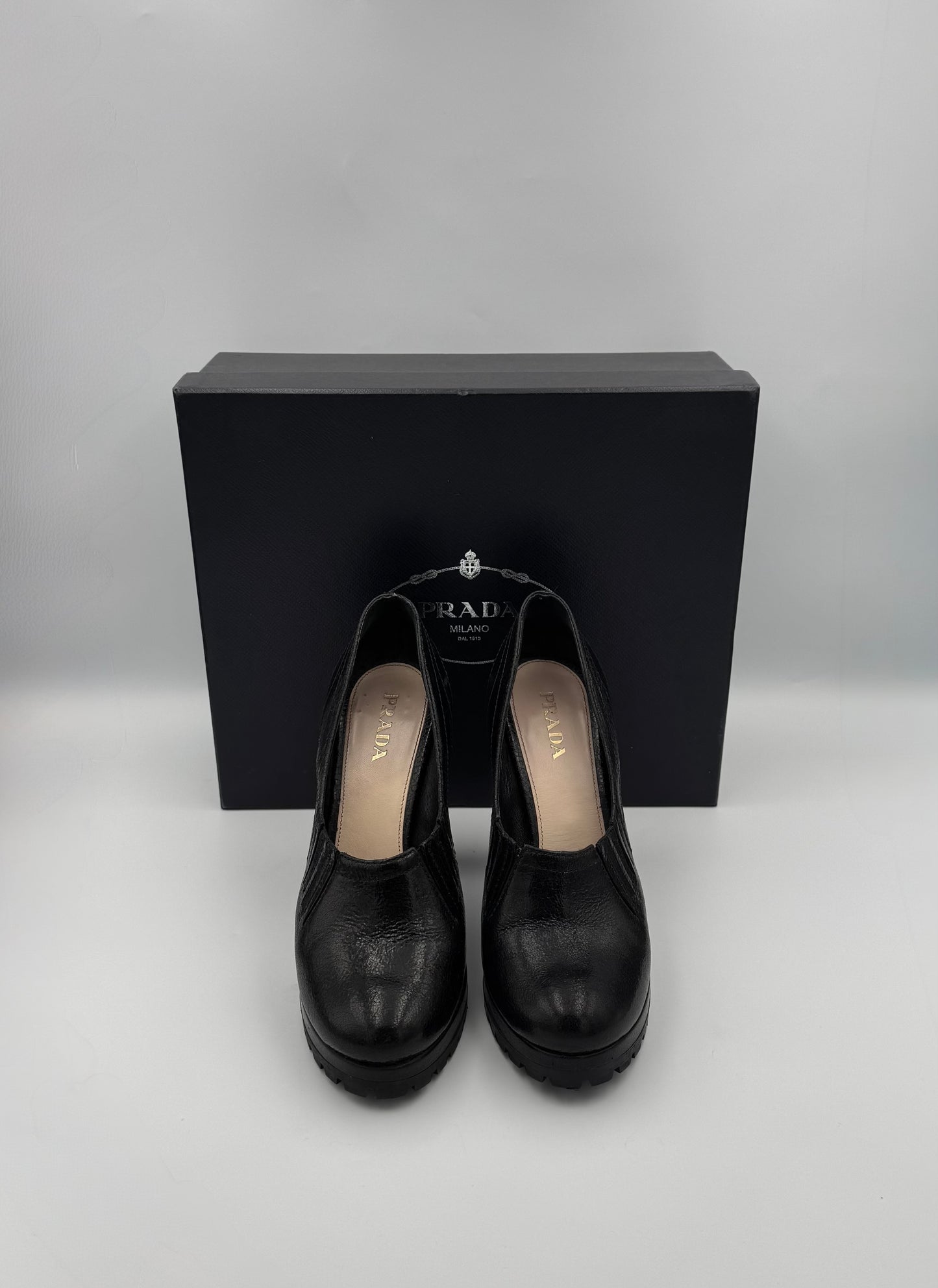 PRADA Black Leather Block Heel Pumps Size 38