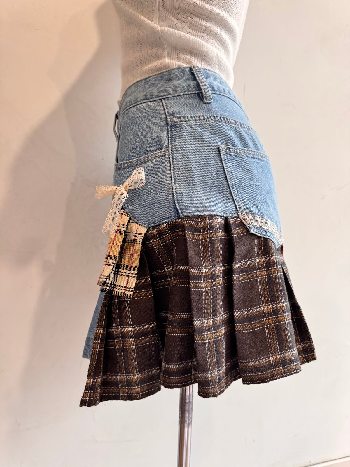 Upcycled Sportsgirl Denim & Plaid Skirt - size 12