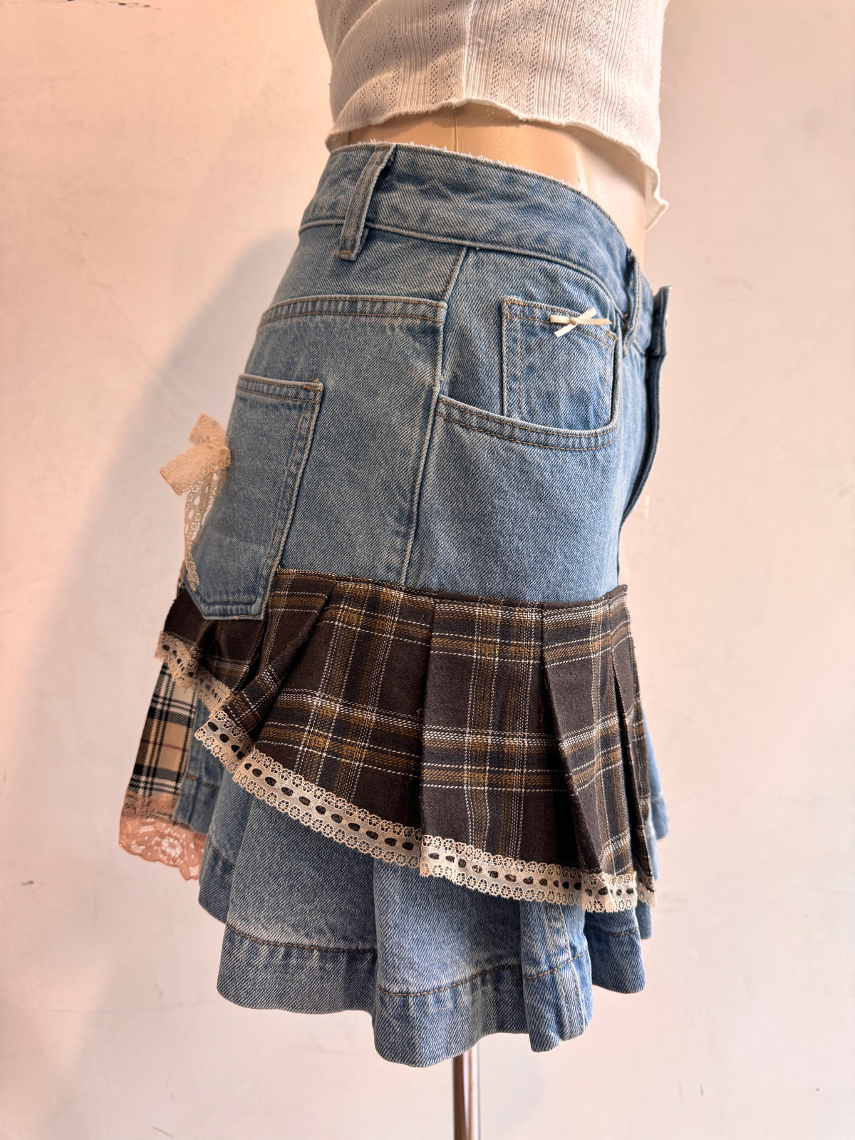 Upcycled Sportsgirl Denim & Plaid Skirt - size 12