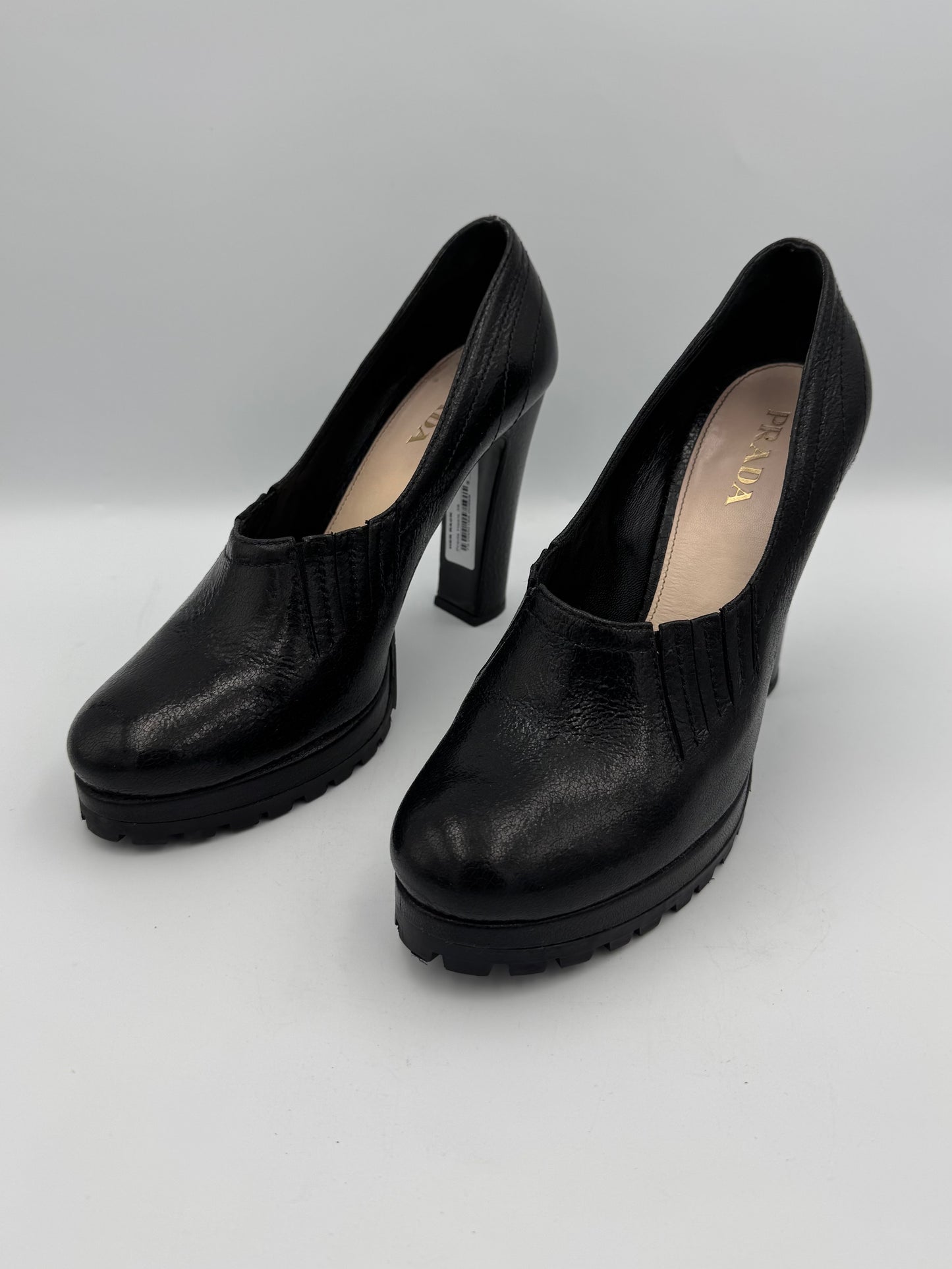 PRADA Black Leather Block Heel Pumps Size 38