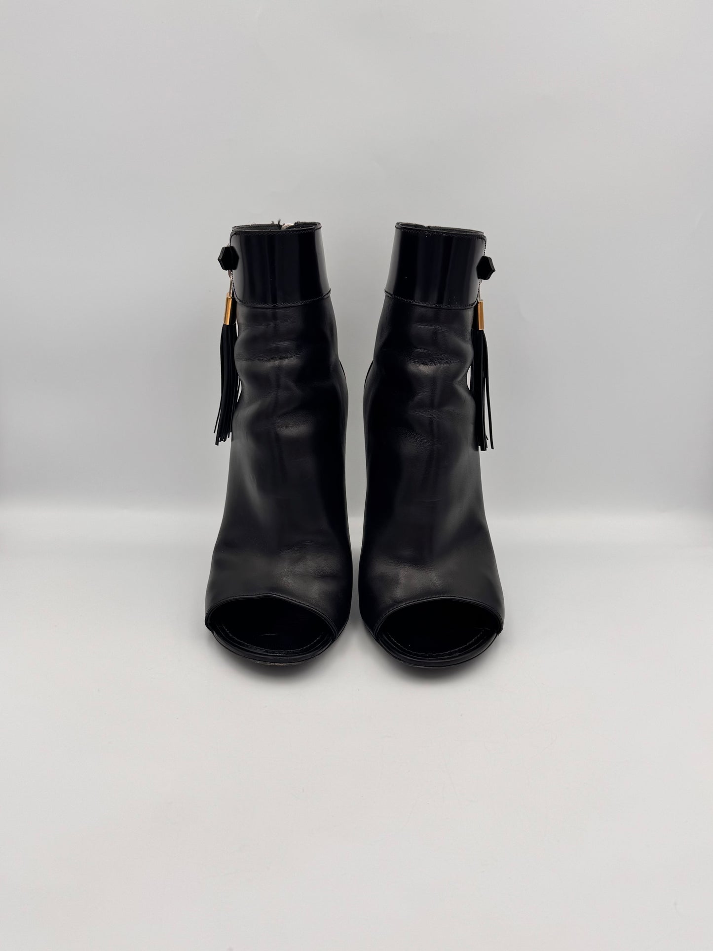 LOUIS VUITTON Black Tassel Peeptoe Booties Size 38.5