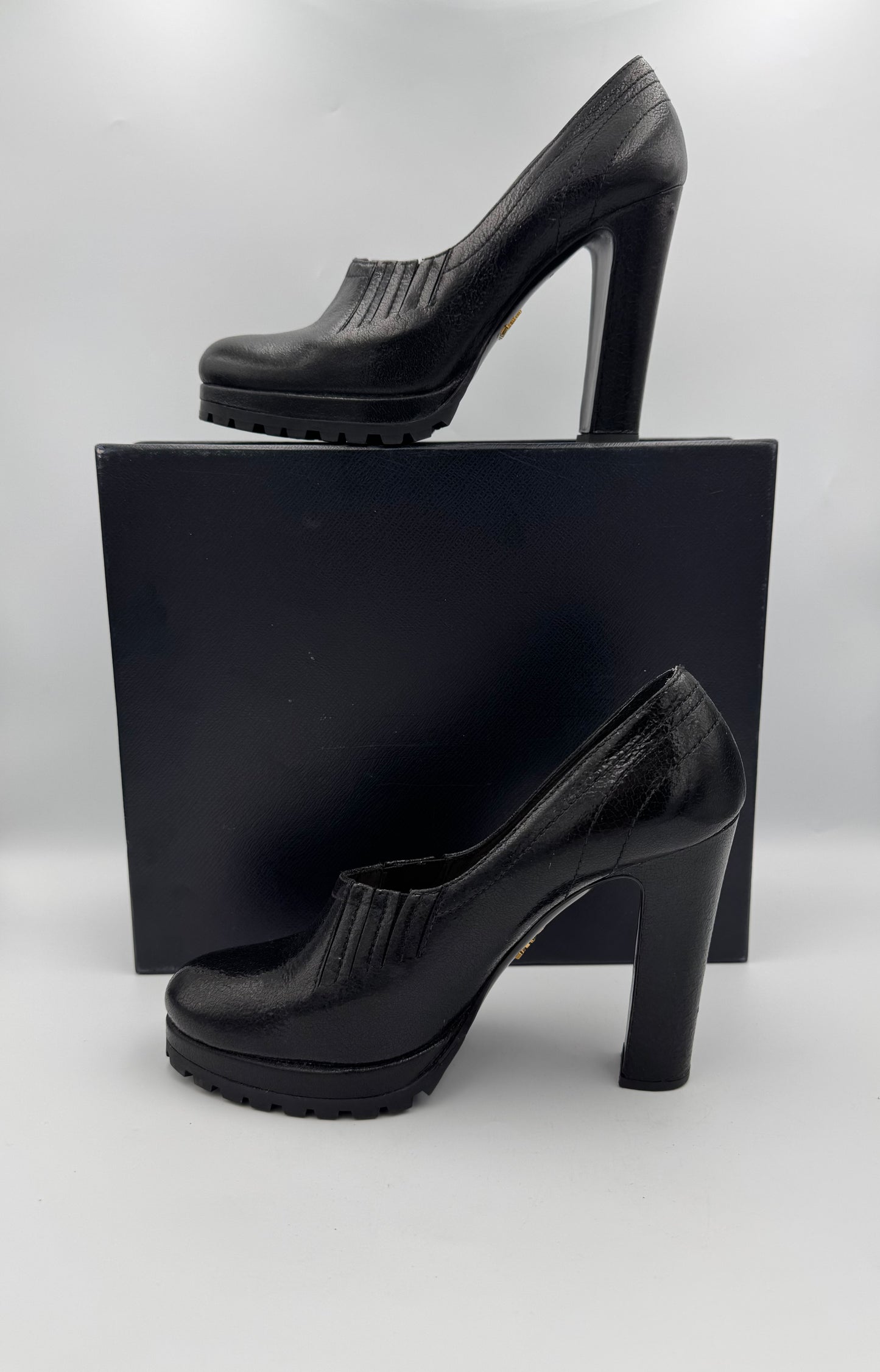 PRADA Black Leather Block Heel Pumps Size 38