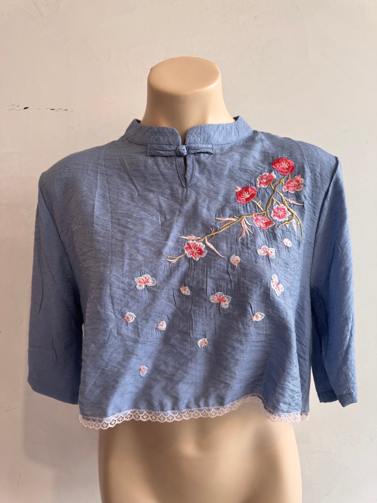 Upcycled Blue Cherry blossom blouse -size S