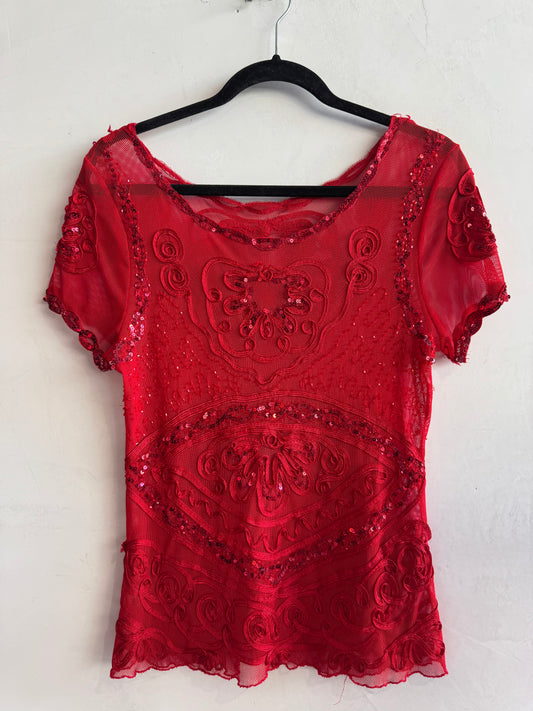 Red Embellished Red Mesh Top - size M/L