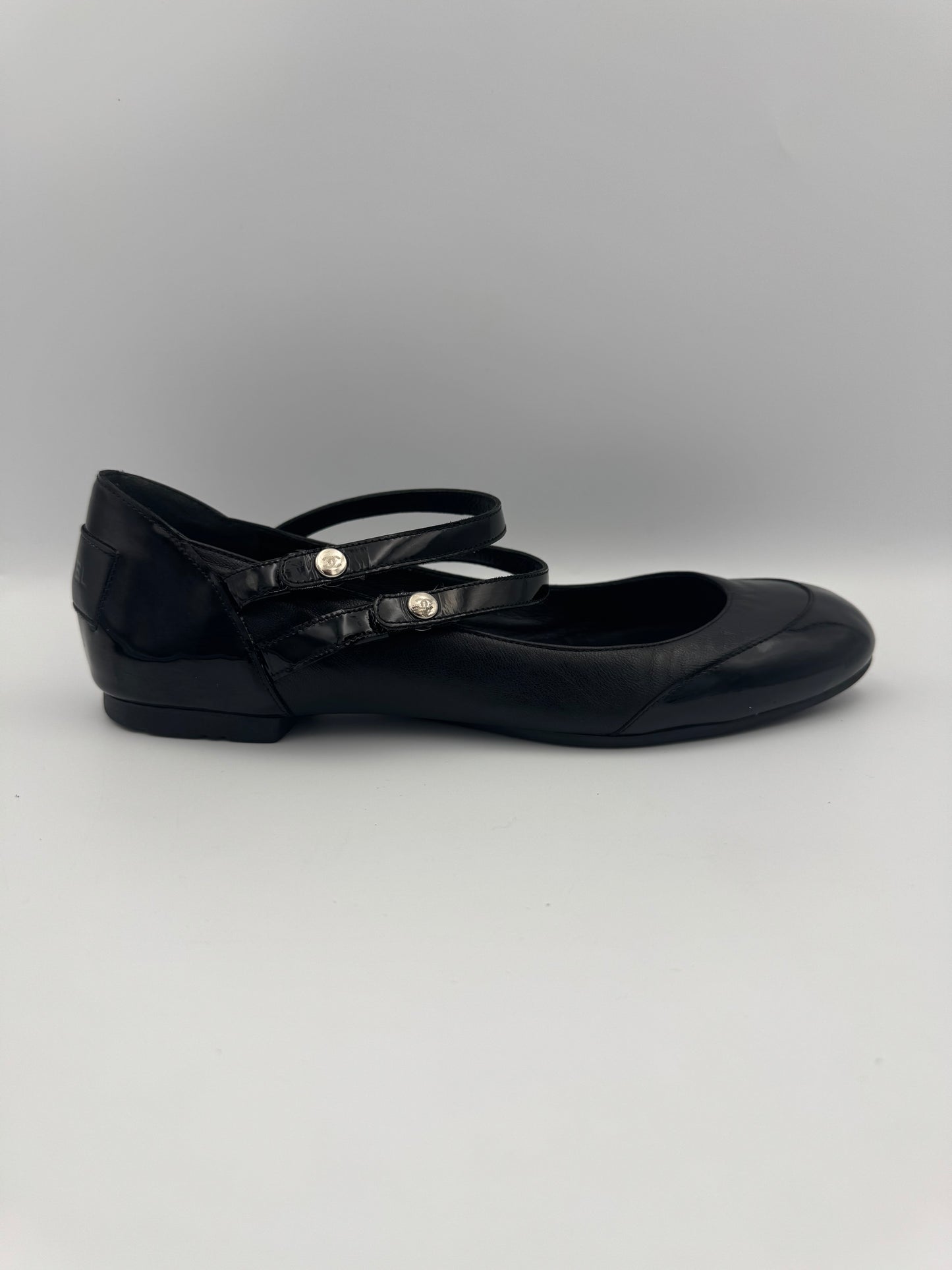 Chanel Mary Jane Black Leather Flats Size 38