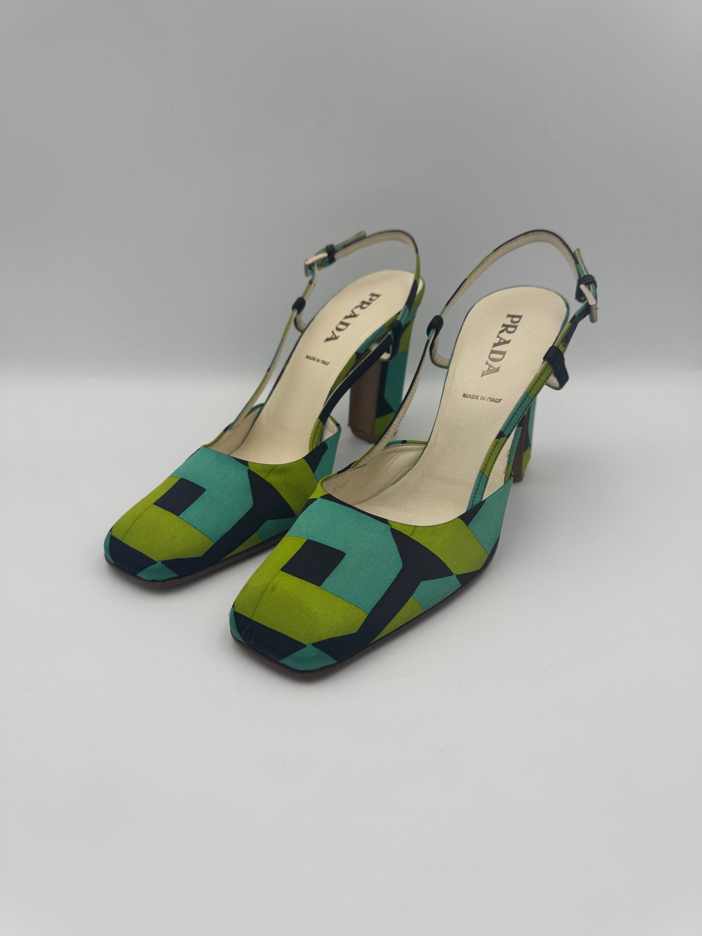 PRADA size 36.5 Satin Geometric Heels