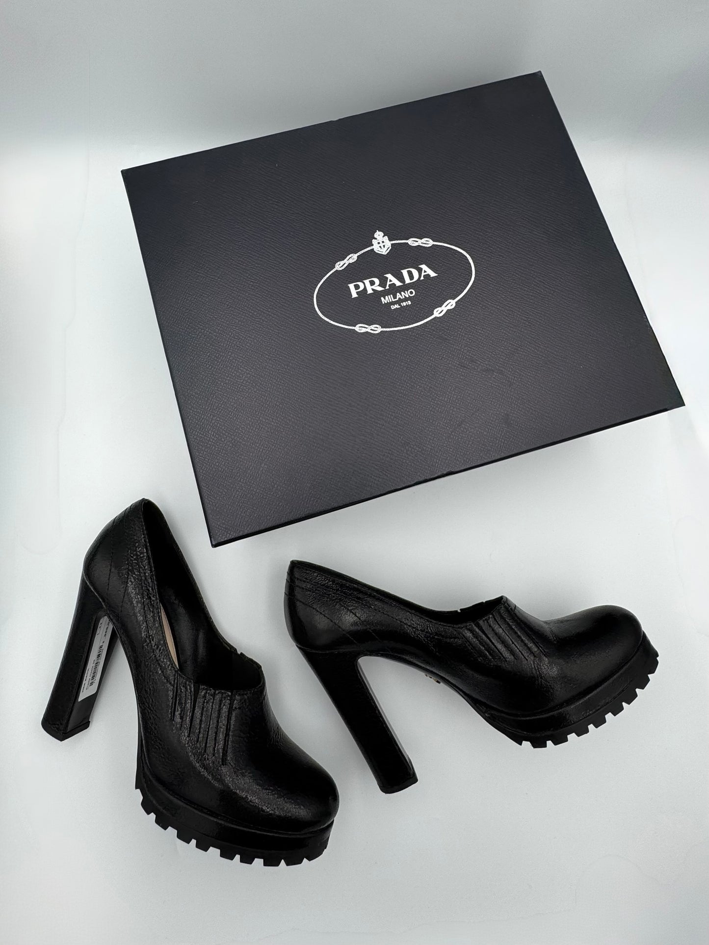 PRADA Black Leather Block Heel Pumps Size 38
