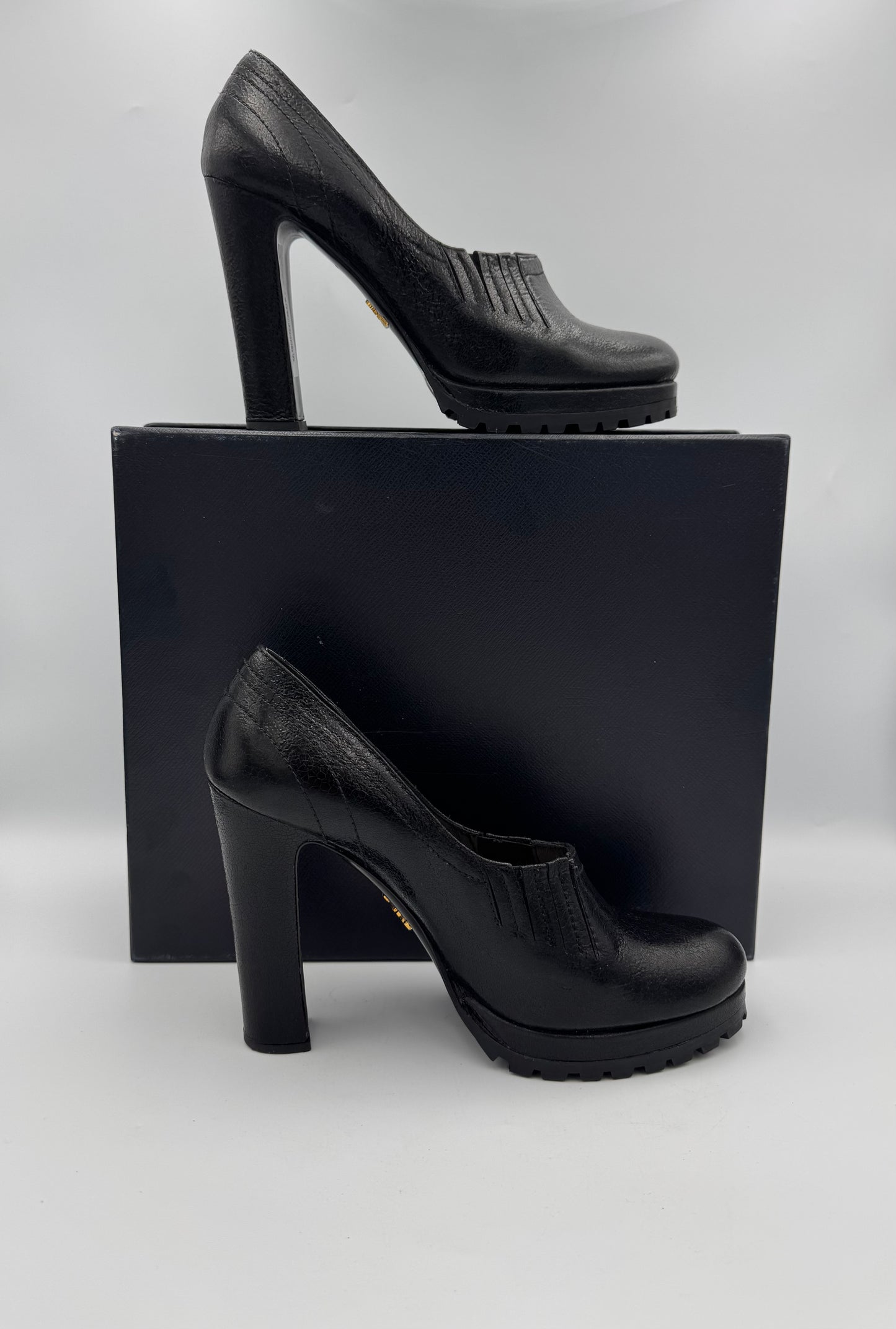 PRADA Black Leather Block Heel Pumps Size 38
