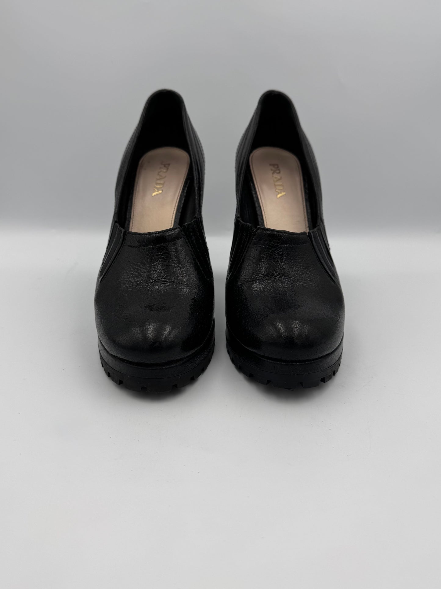 PRADA Black Leather Block Heel Pumps Size 38