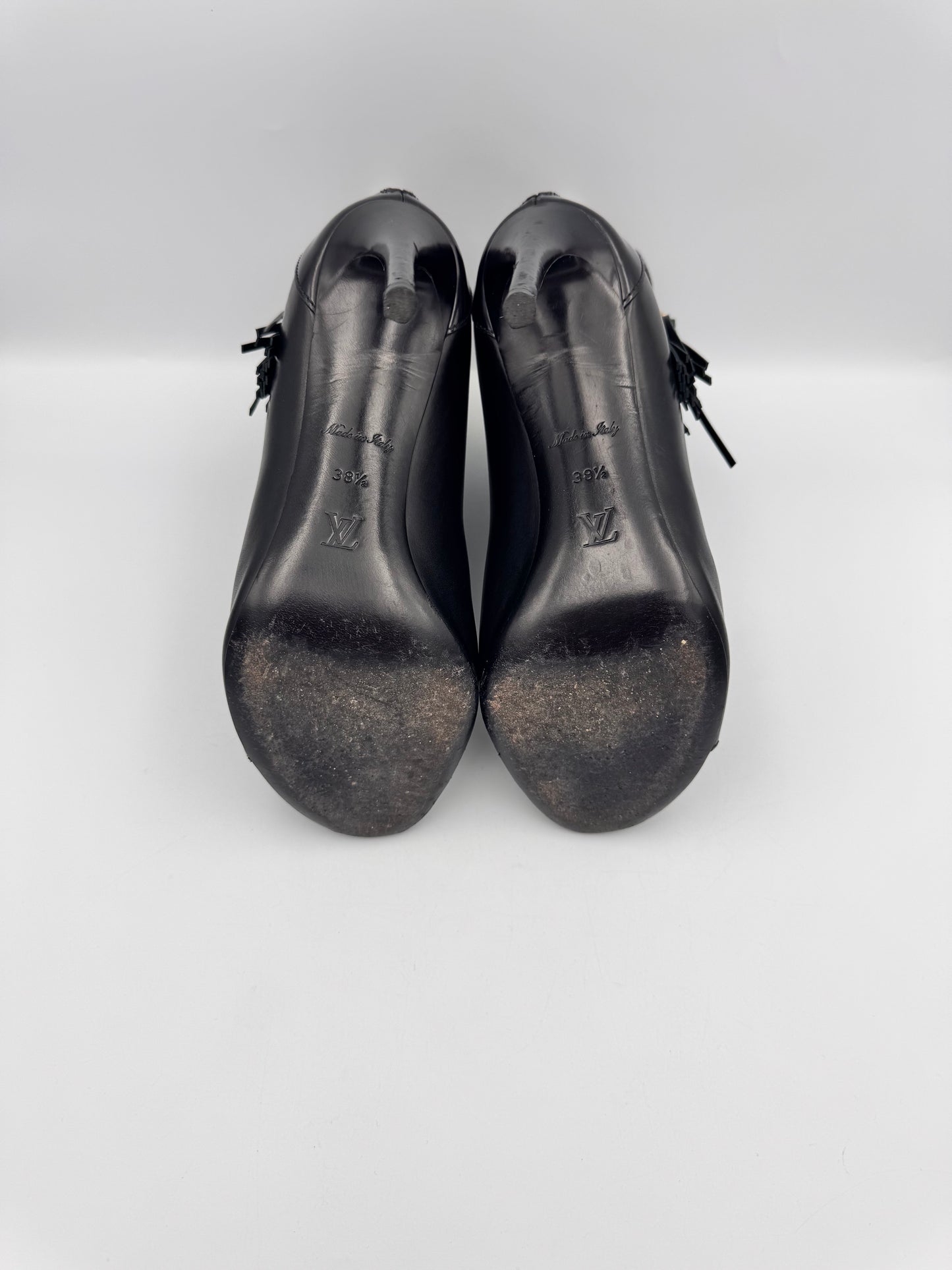 LOUIS VUITTON Black Tassel Peeptoe Booties Size 38.5