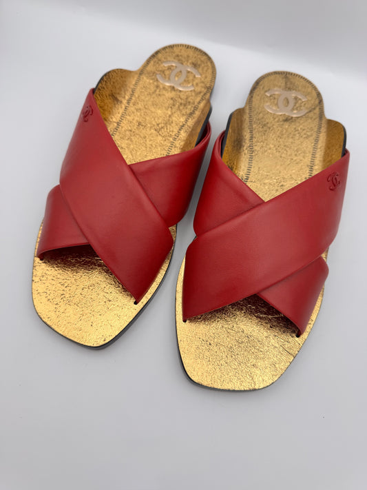 Chanel Red Lambskin Leather Mules Size 41C