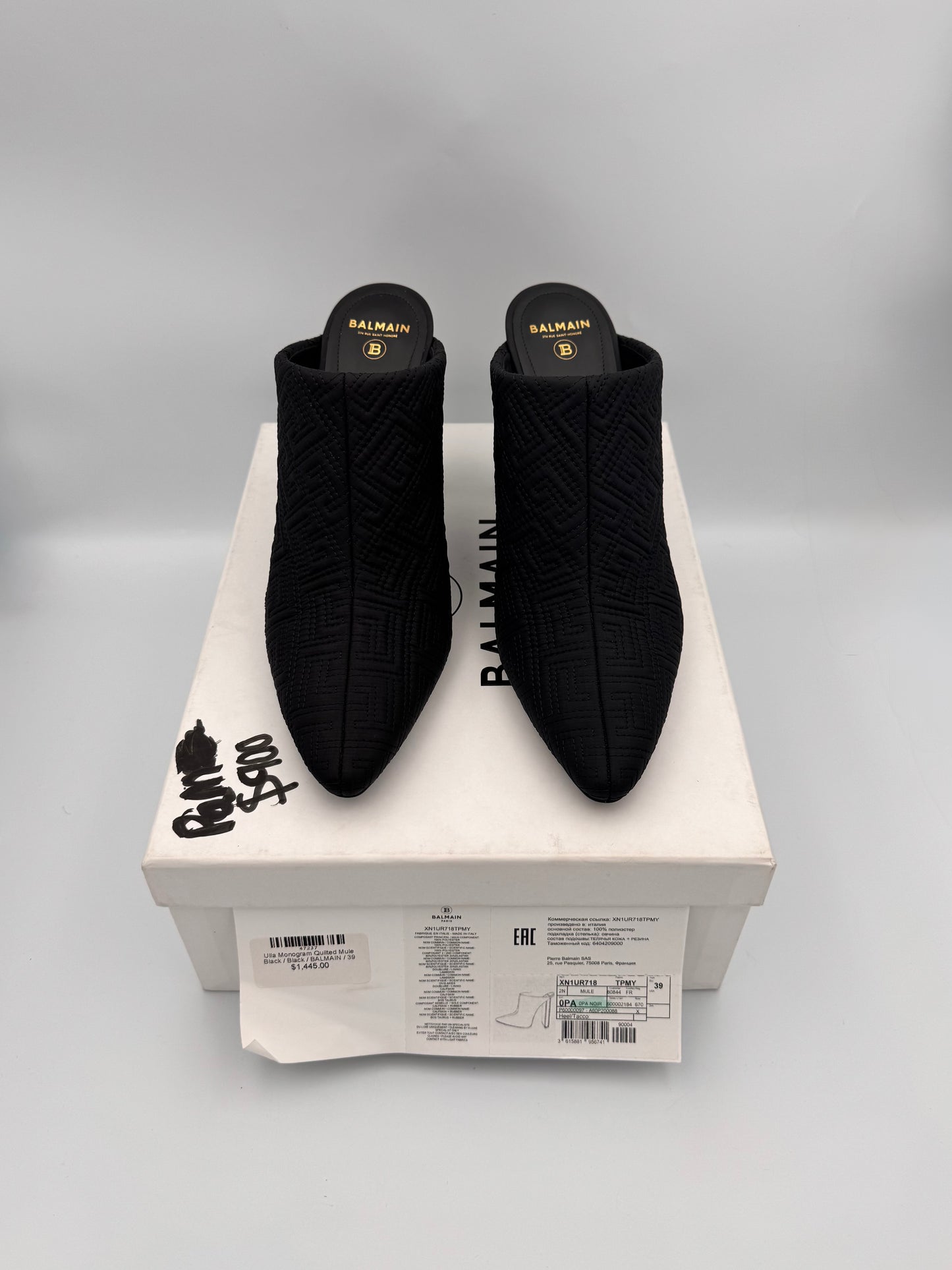 Balmain Black Ulla Monogram Quilted Mules Size 39