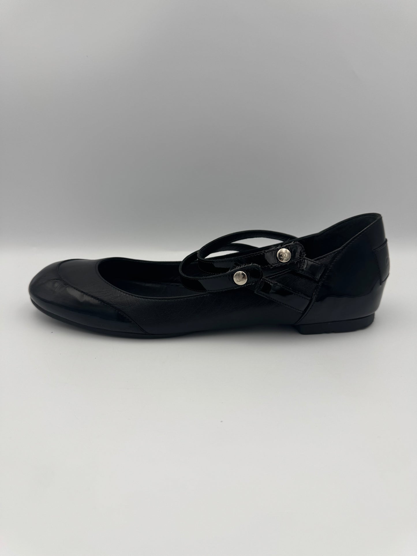 Chanel Mary Jane Black Leather Flats Size 38