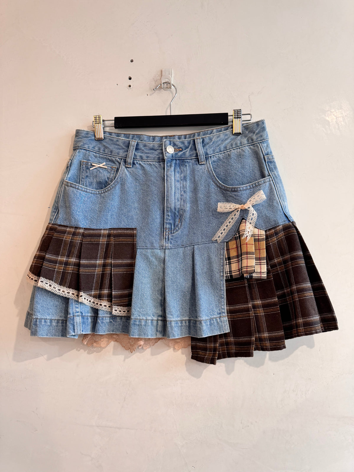Upcycled Sportsgirl Denim & Plaid Skirt - size 12