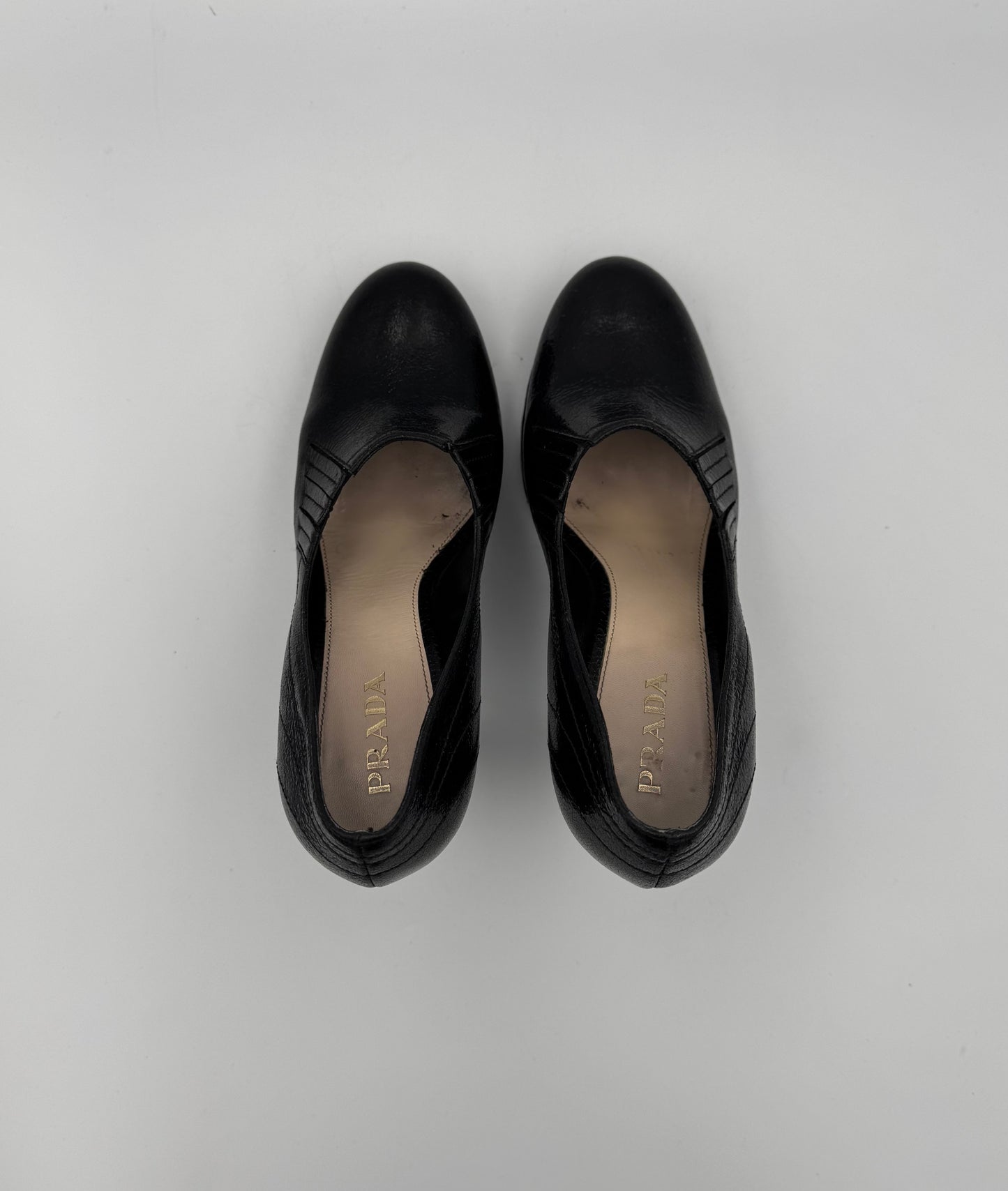 PRADA Black Leather Block Heel Pumps Size 38