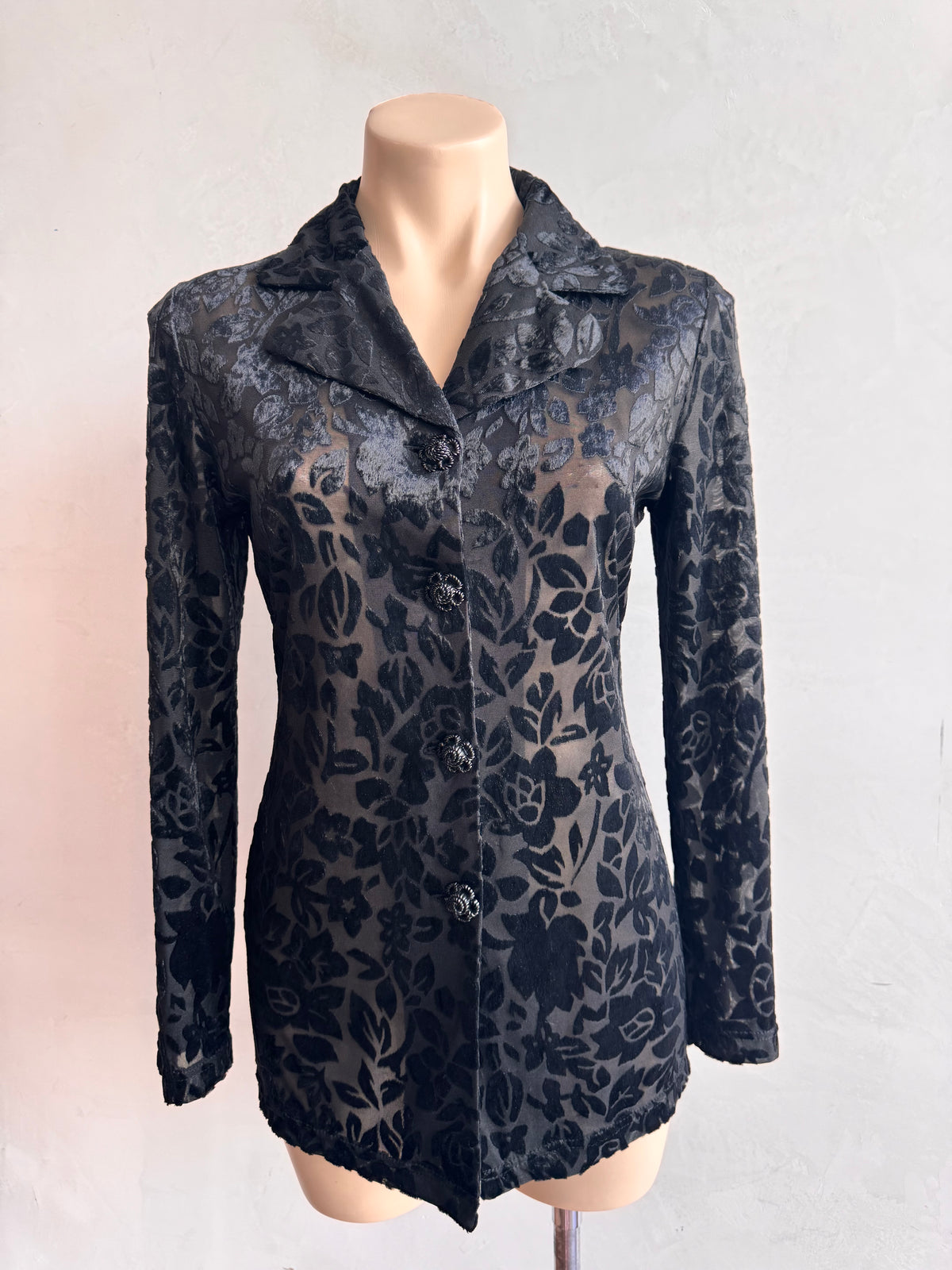 Vintage Black Velvet embossed mesh shirt - size M