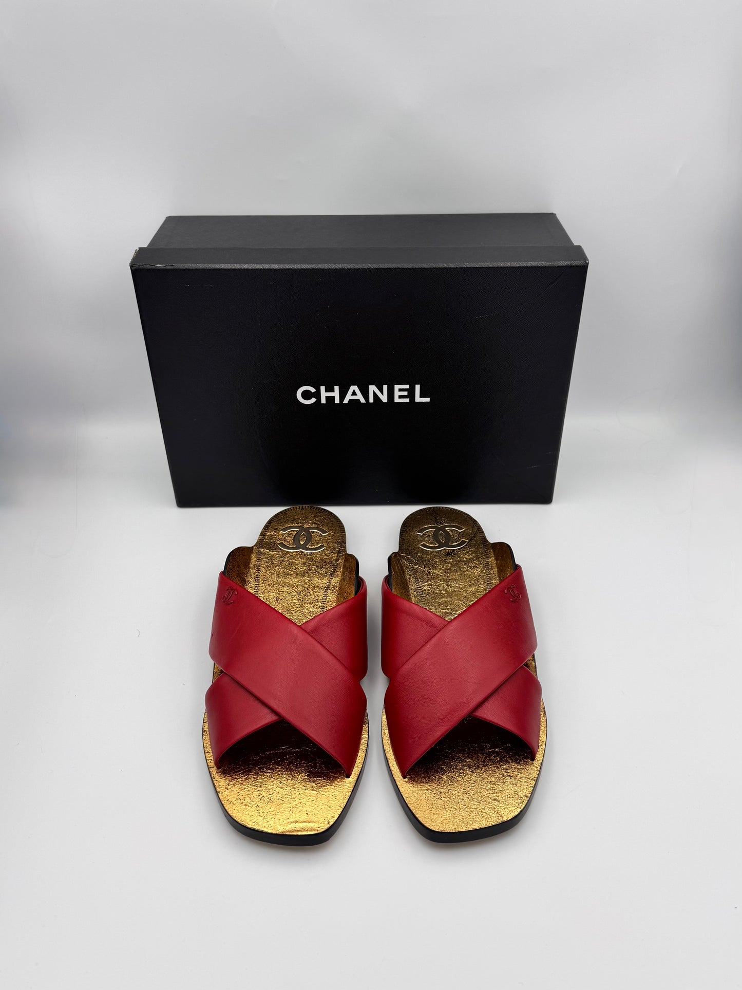 Chanel Red Lambskin Leather Mules Size 41C