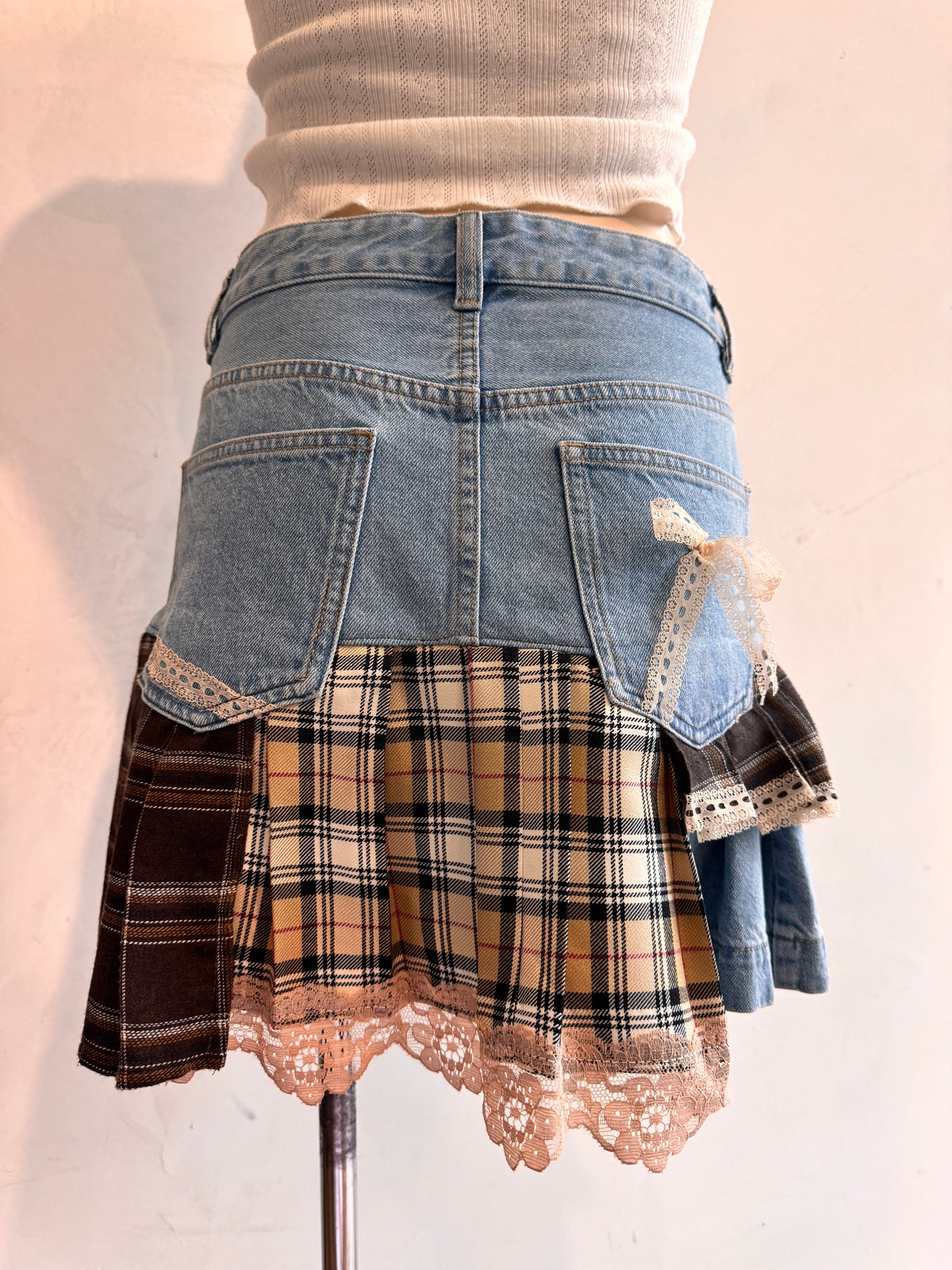 Upcycled Sportsgirl Denim & Plaid Skirt - size 12