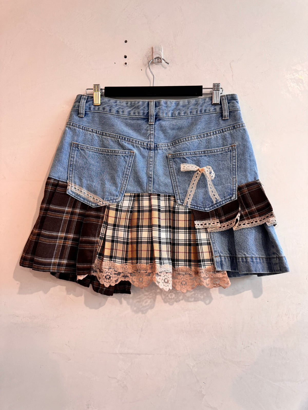 Upcycled Sportsgirl Denim & Plaid Skirt - size 12