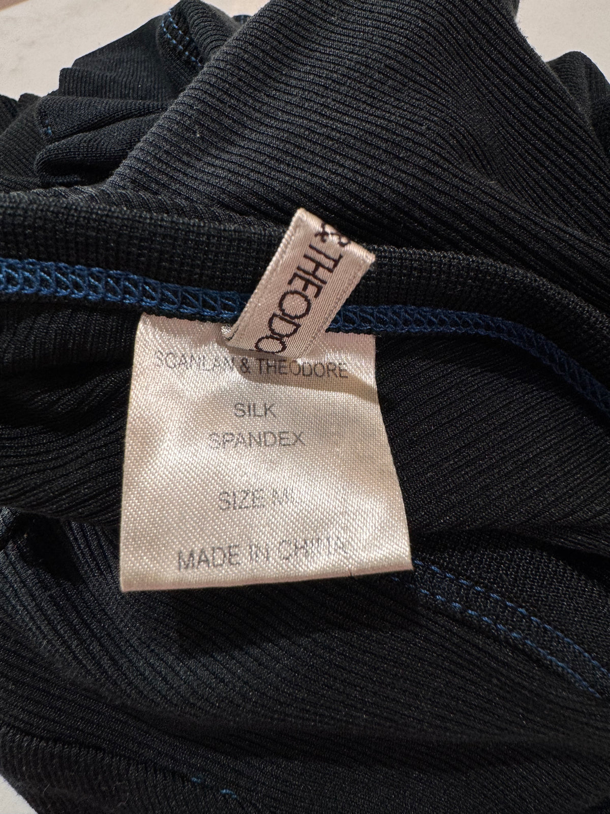 Vintage Scanlan & Theodore black silk top with blue stitching - size M/L
