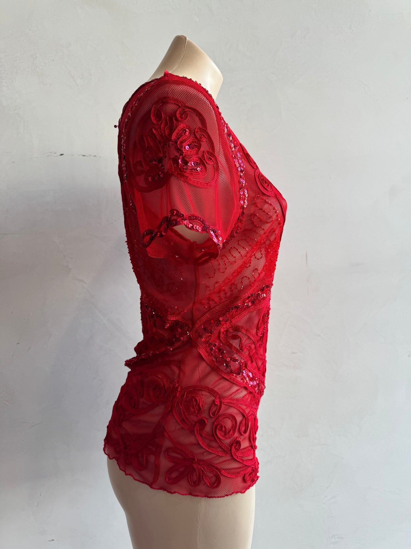 Red Embellished Red Mesh Top - size M/L