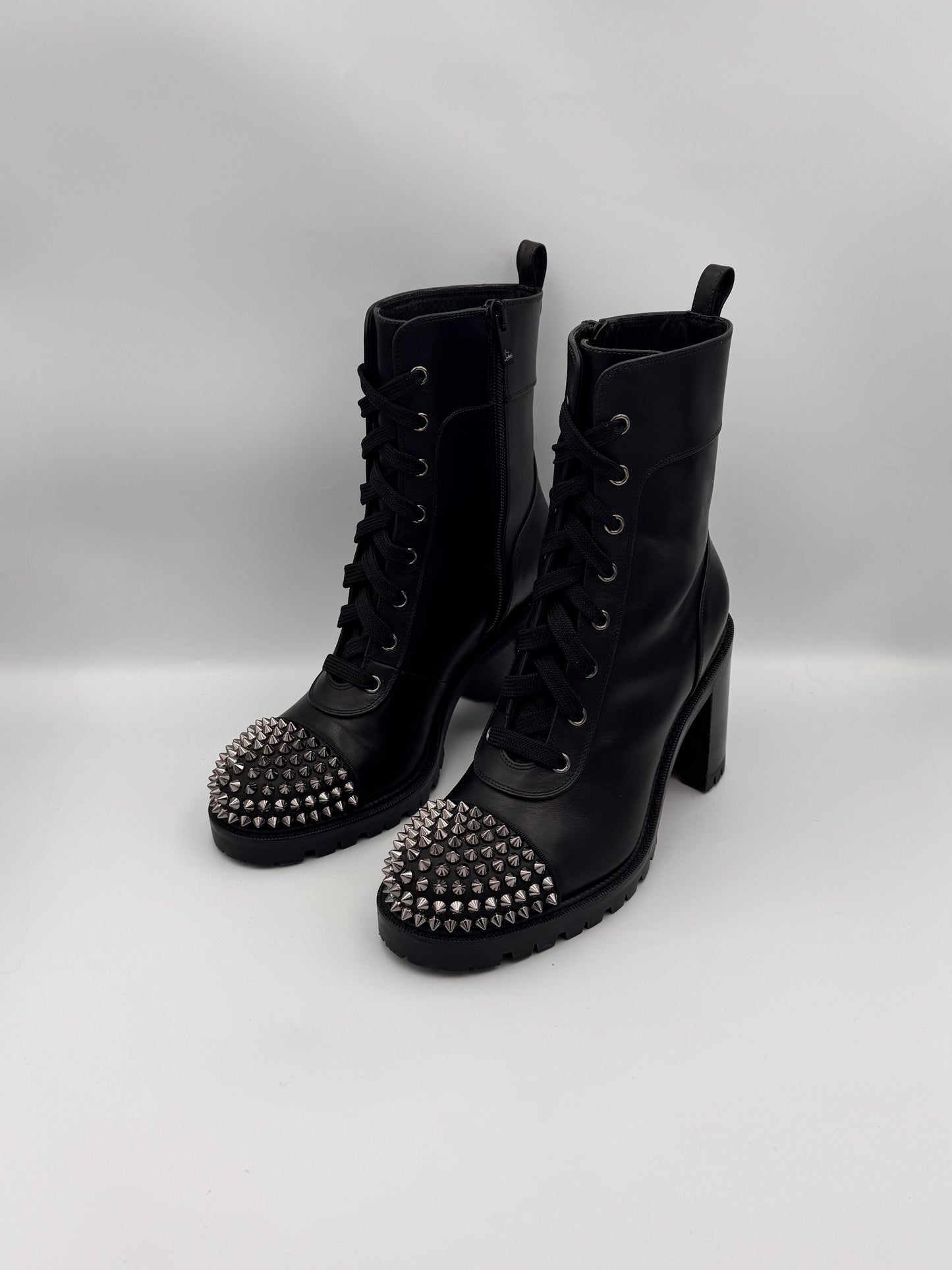 CHRISTIAN LOUBOUTIN Black LaceUp Boots Spikes Size 38.5