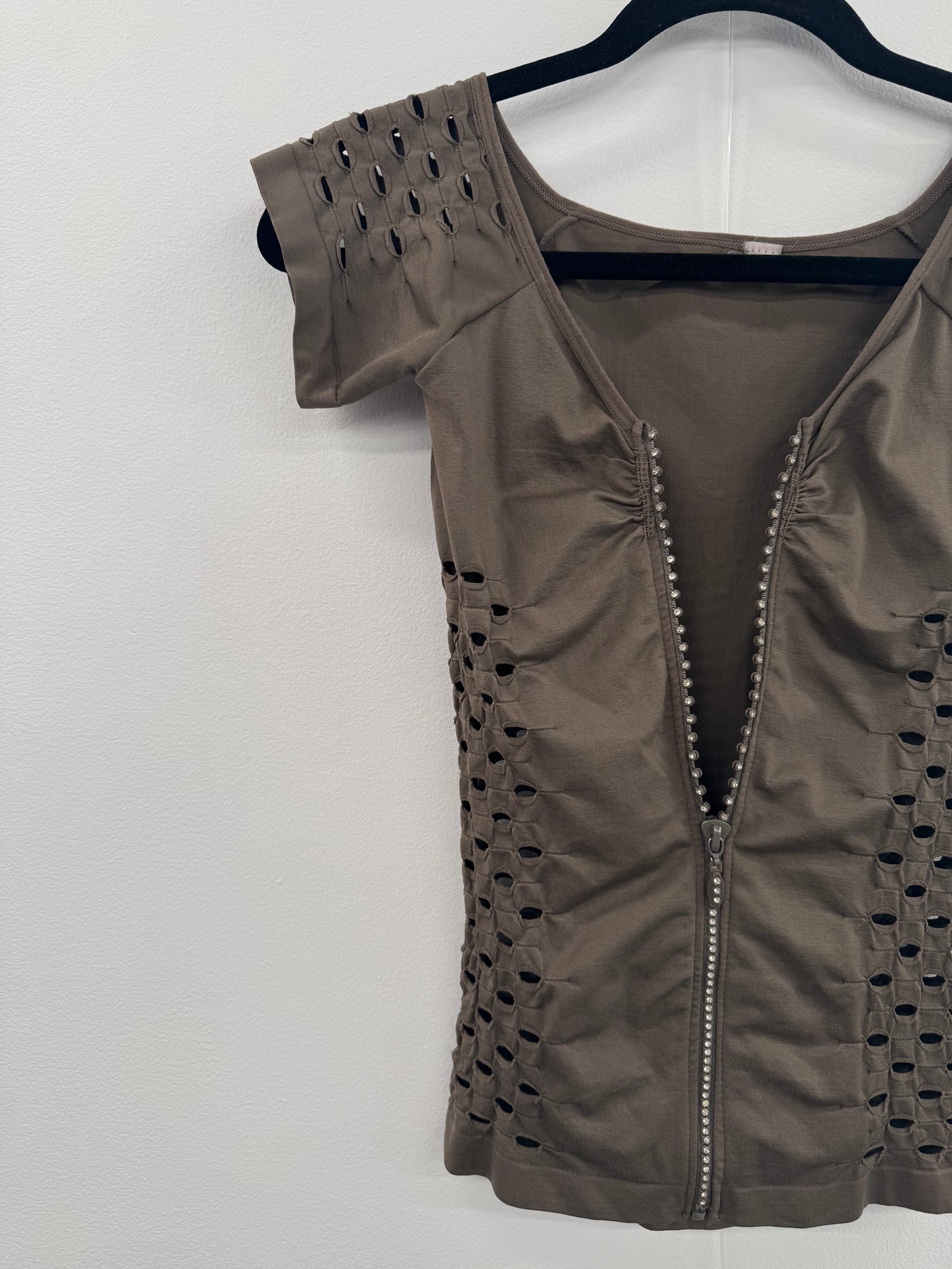 Taupe Perforated Zipup Top - Size S
