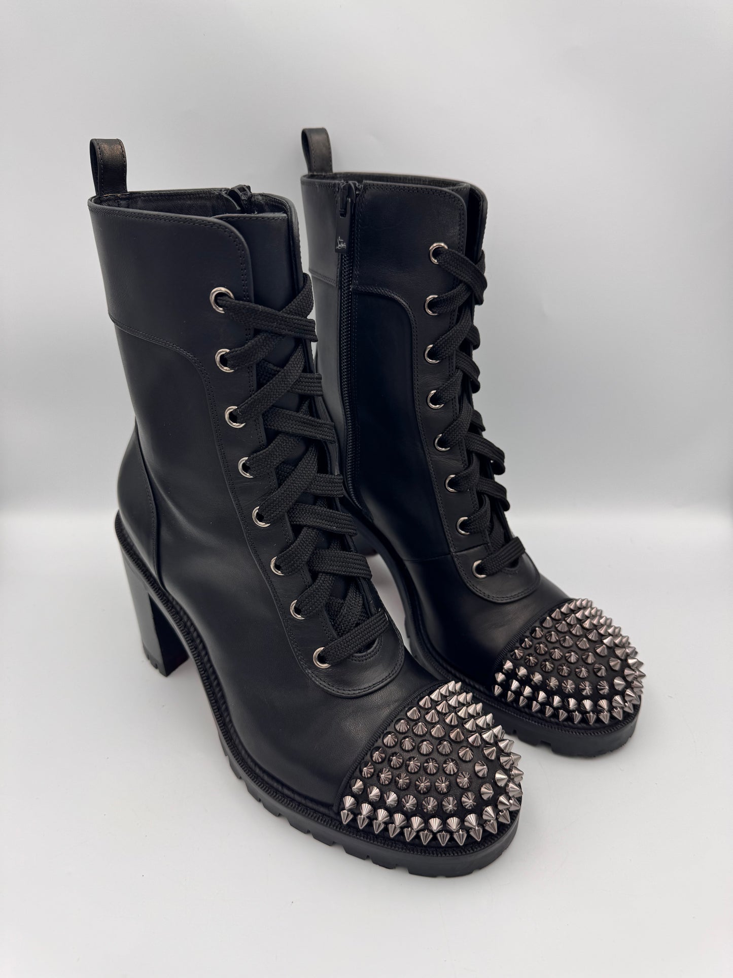 CHRISTIAN LOUBOUTIN Black LaceUp Boots Spikes Size 38.5