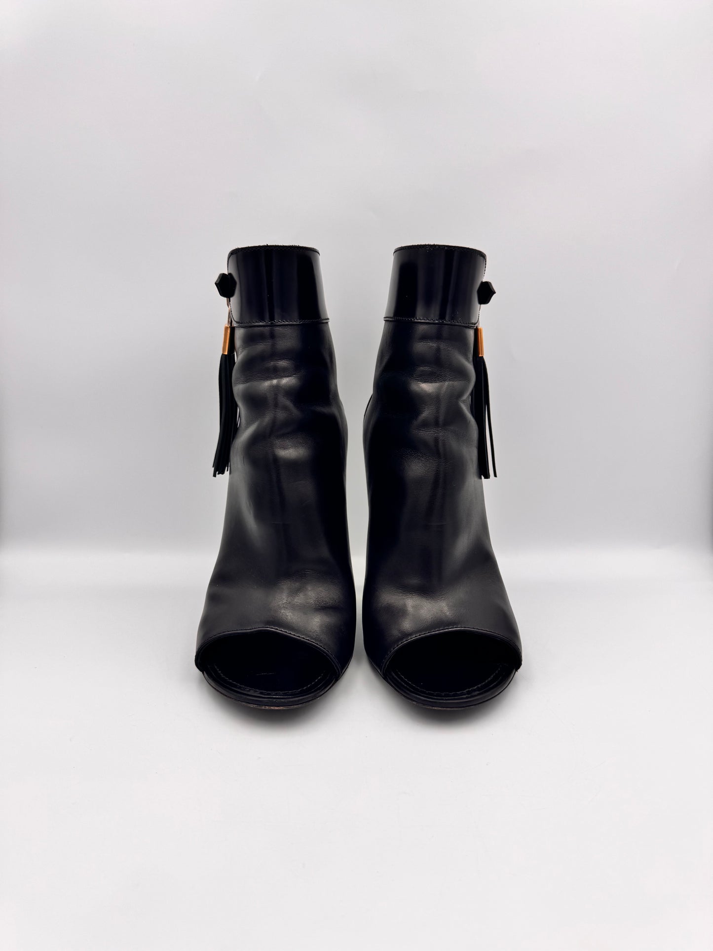 LOUIS VUITTON Black Tassel Peeptoe Booties Size 38.5