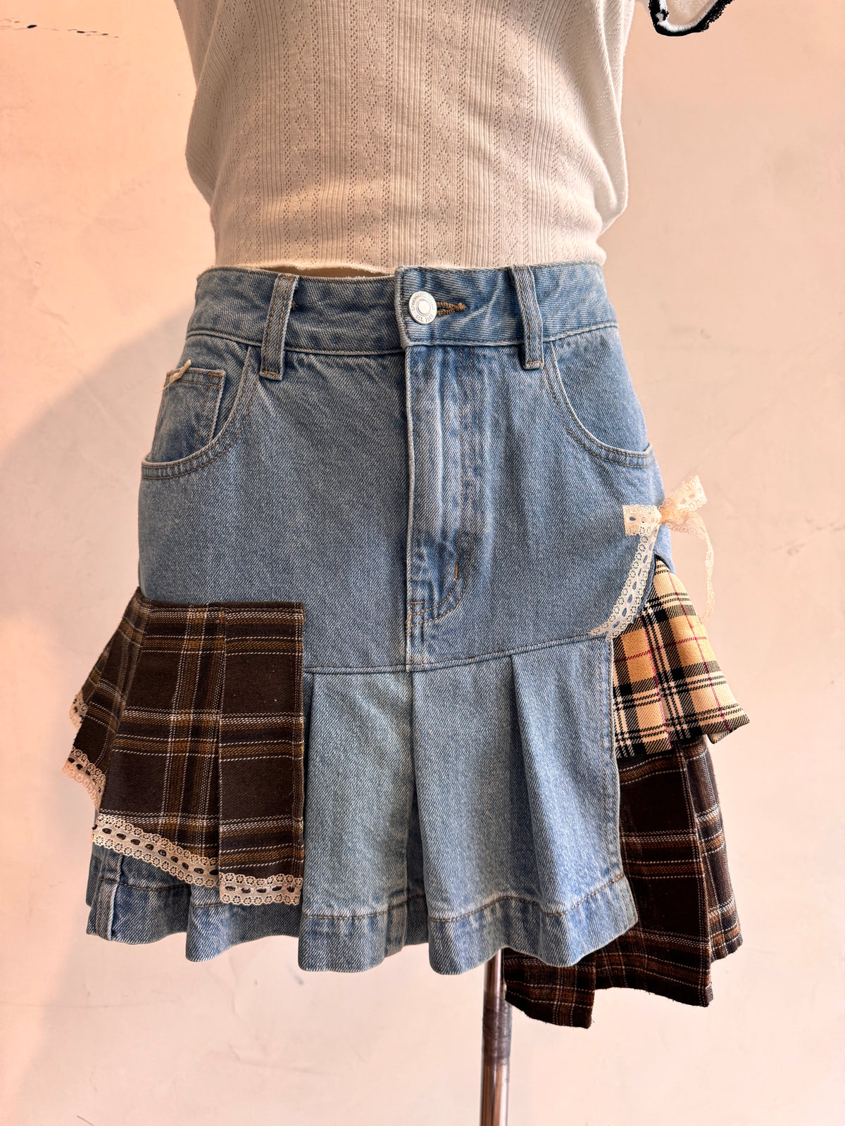 Upcycled Sportsgirl Denim & Plaid Skirt - size 12