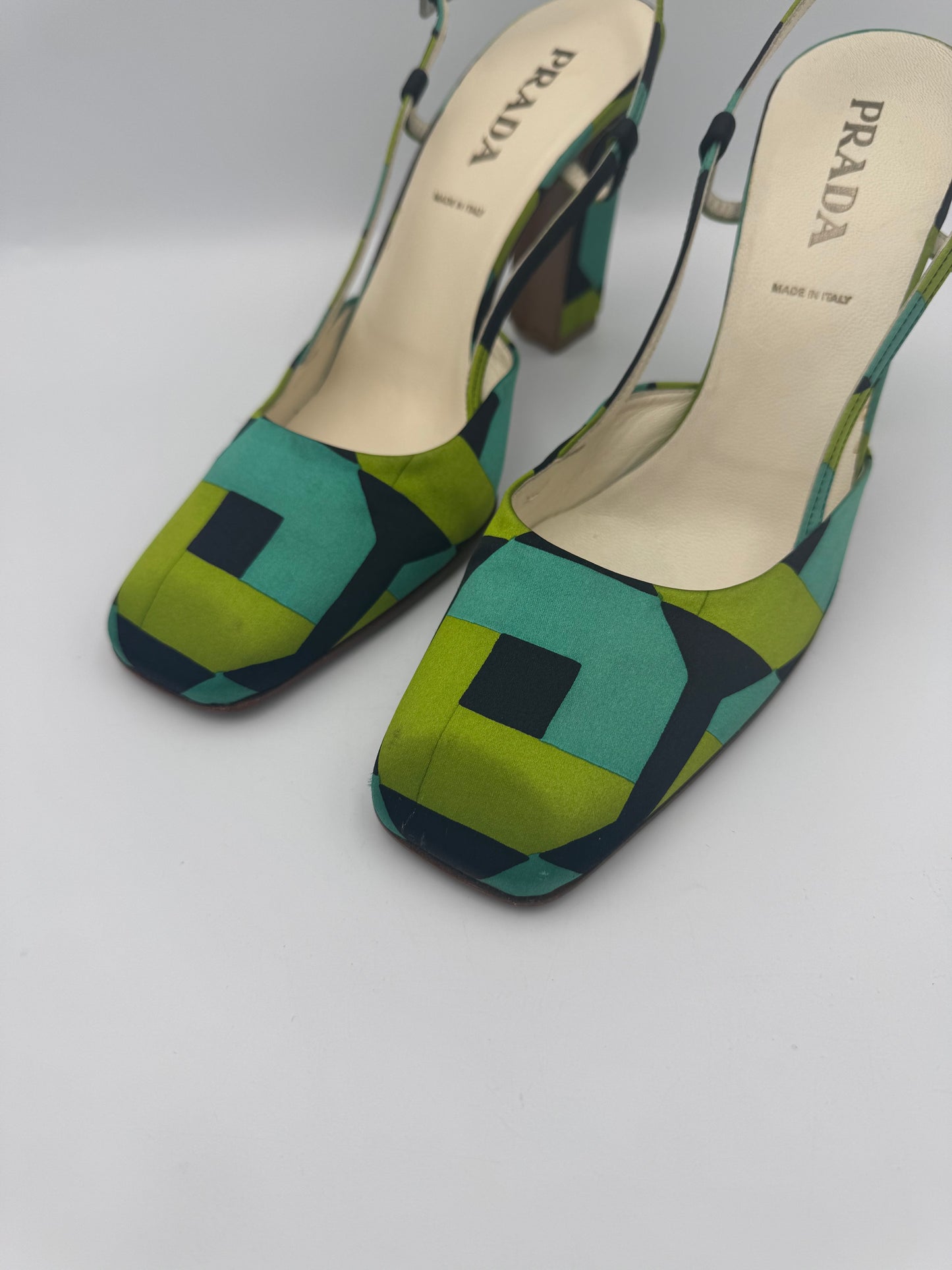 PRADA size 36.5 Satin Geometric Heels