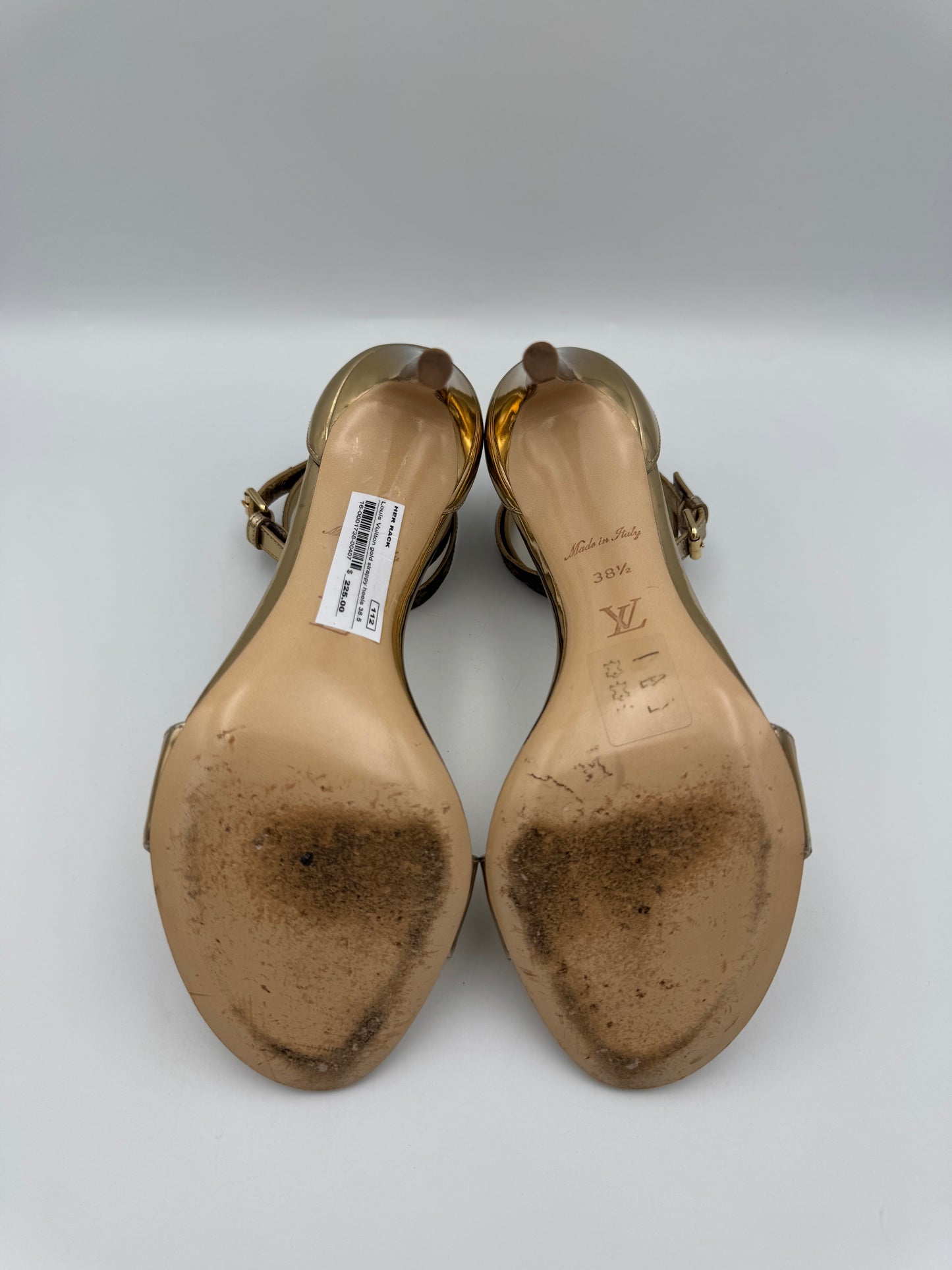 LOUIS VUITTON Gold Strappy Heels 38.5