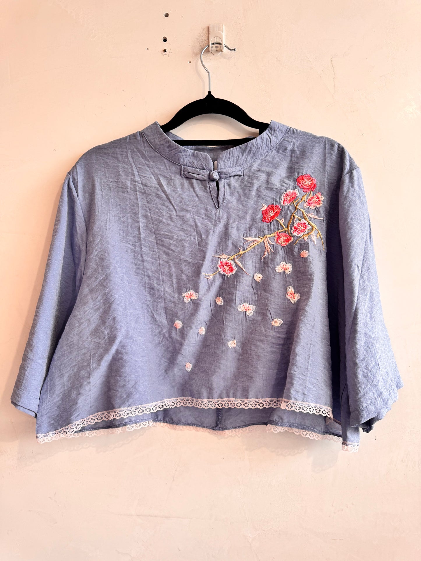 Upcycled Blue Cherry blossom blouse -size S