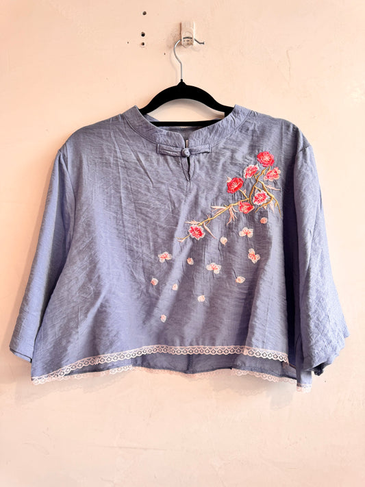 Upcycled Blue Cherry blossom blouse -size S
