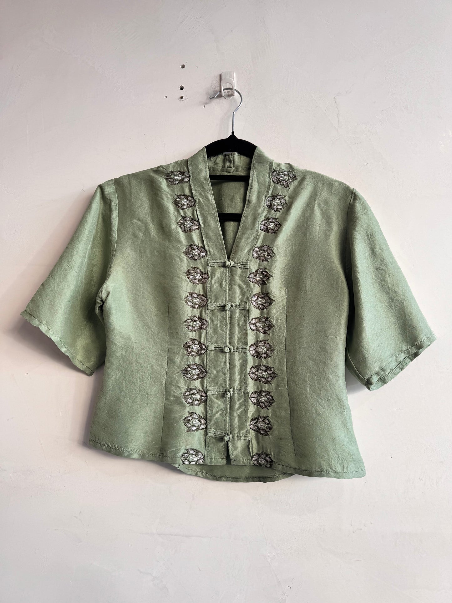 Green Embroidered Tang Button Top - size S