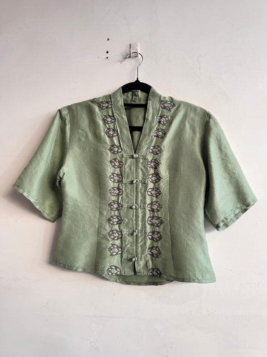 Green Embroidered Tang Button Top - size S