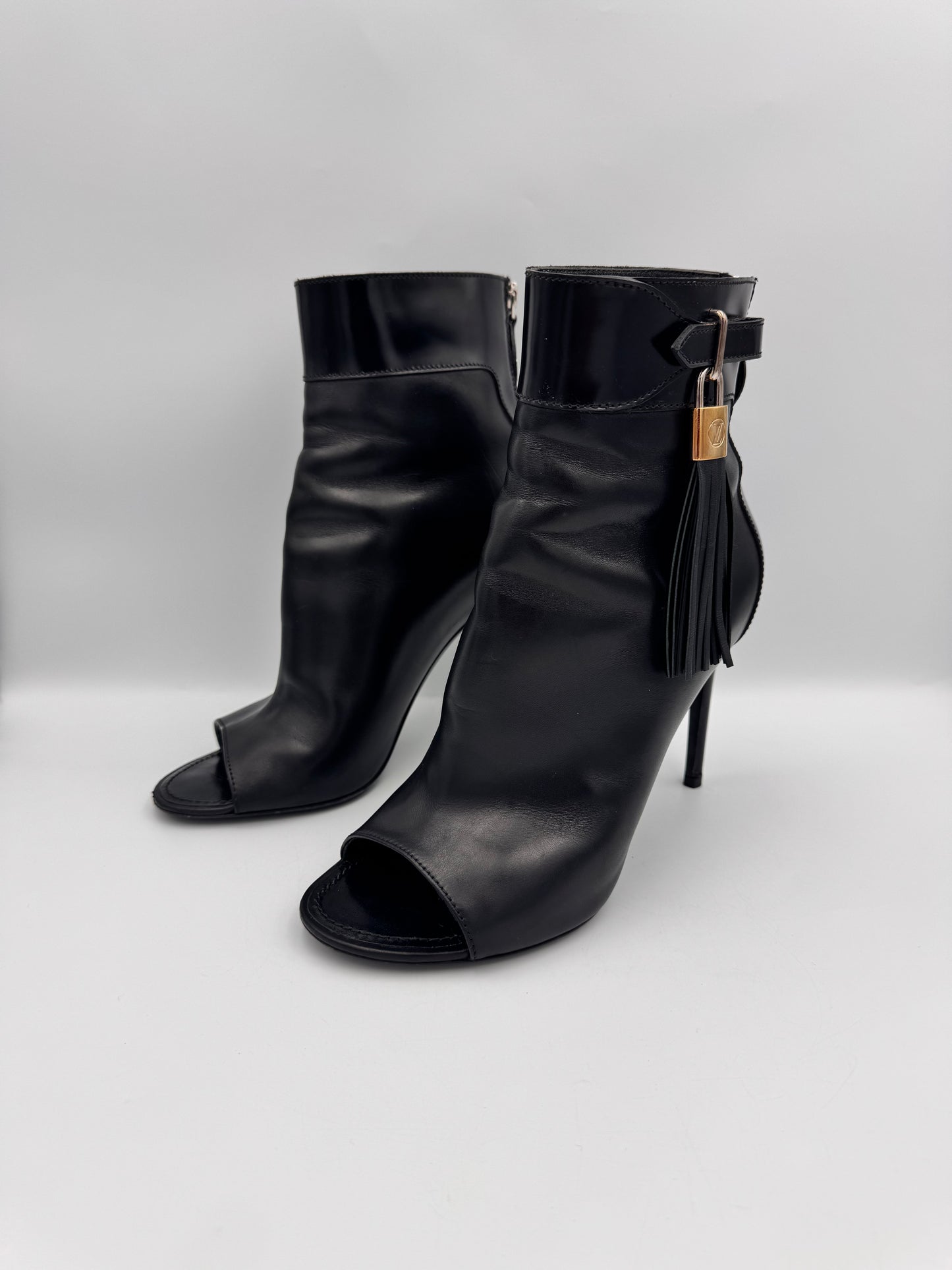 LOUIS VUITTON Black Tassel Peeptoe Booties Size 38.5