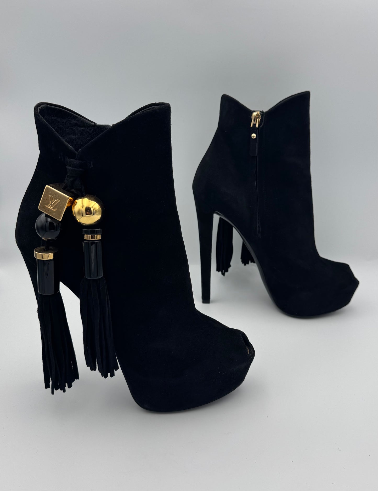 Louis Vuitton Black Suede Tassel Peep Toe Platform Booties Size 39