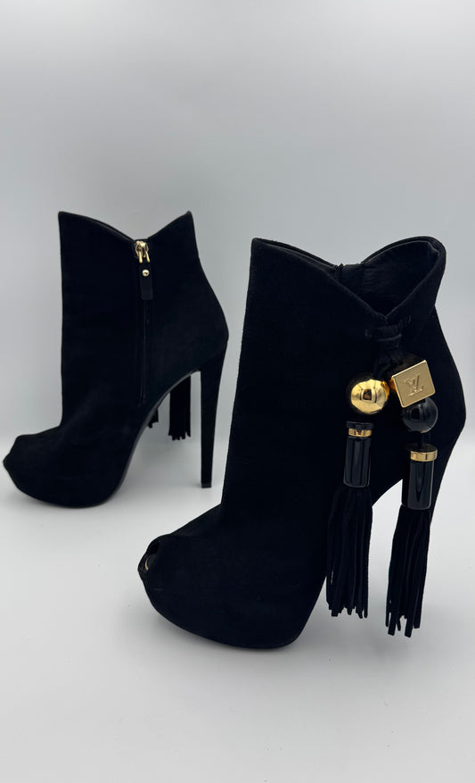 Louis Vuitton Black Suede Tassel Peep Toe Platform Booties Size 39