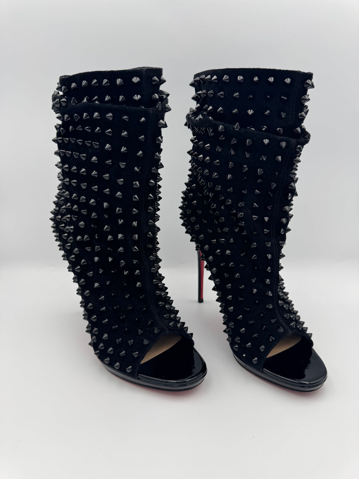 Christian Louboutin Black Spike Suede Guerrilla Open Toe Slouchy Ankle Boots Sz 39.5