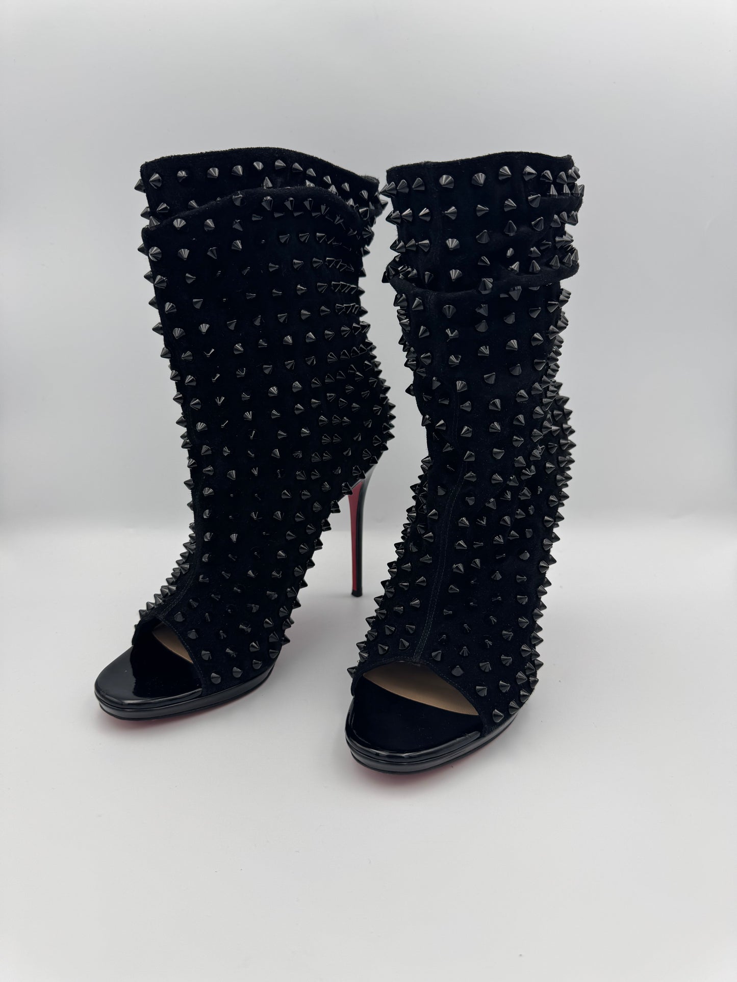 Christian Louboutin Black Spike Suede Guerrilla Open Toe Slouchy Ankle Boots Sz 39.5
