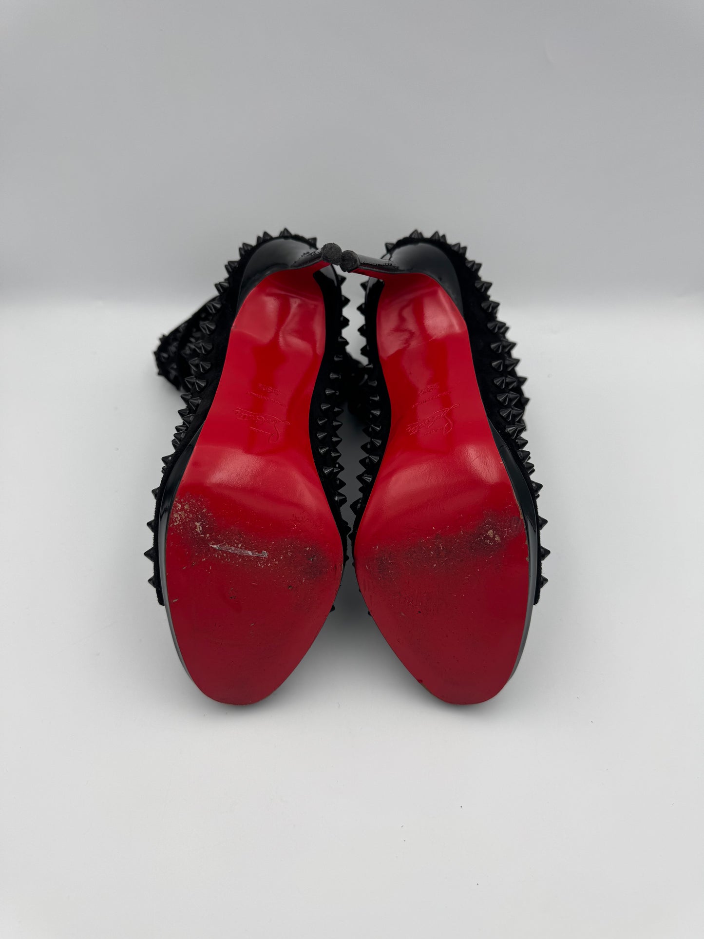 Christian Louboutin Black Spike Suede Guerrilla Open Toe Slouchy Ankle Boots Sz 39.5