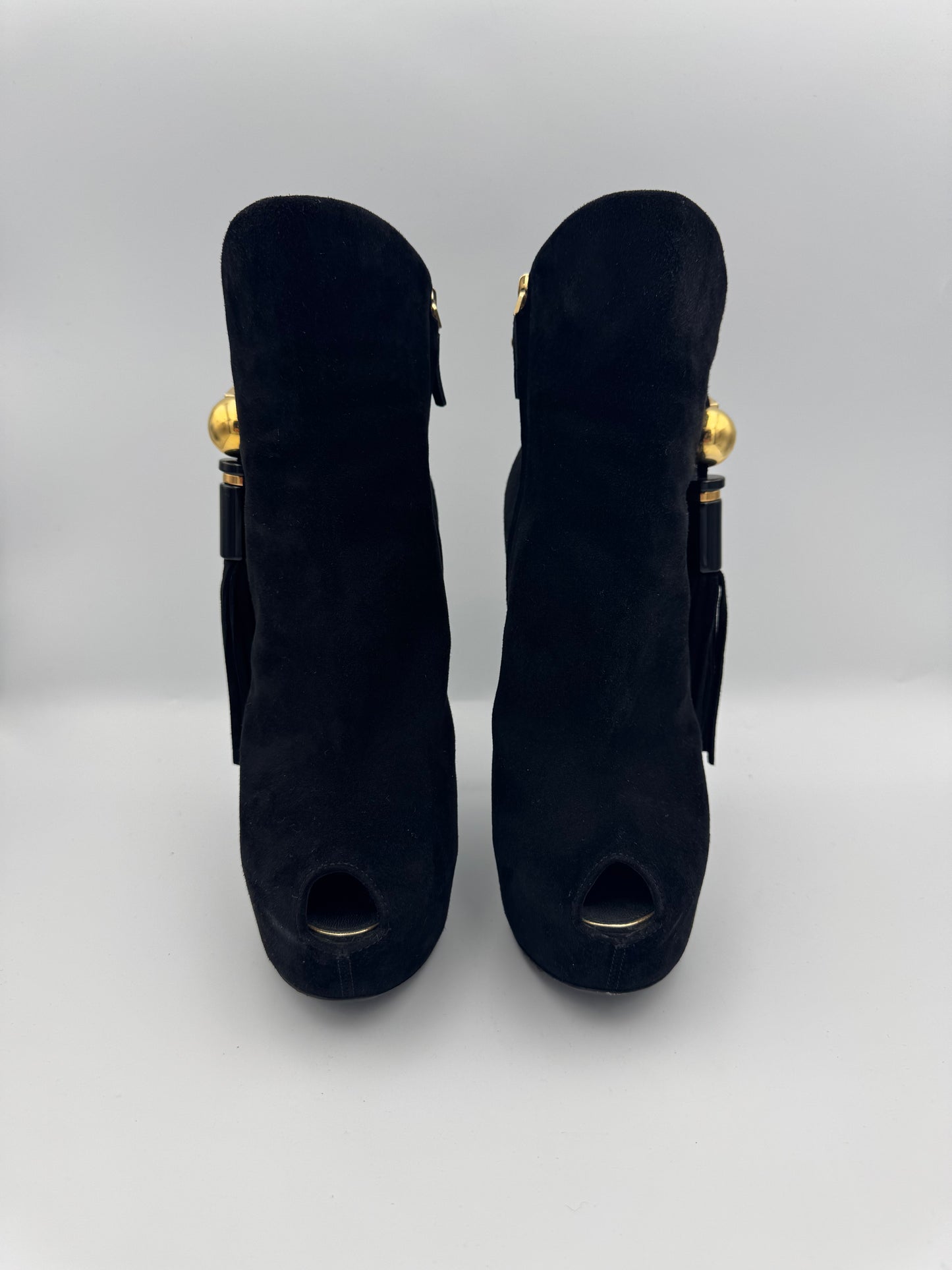 Louis Vuitton Black Suede Tassel Peep Toe Platform Booties Size 39